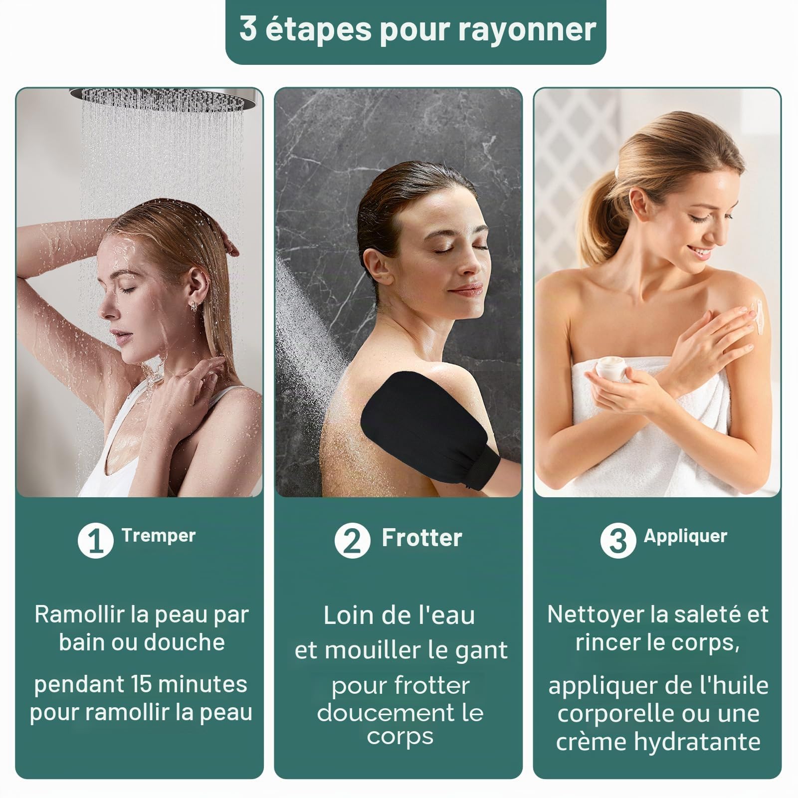 3 gants exfoliants pour le corps – Gant exfoliant corps noir, gant de crin et éponge exfoliante corps pour hommes et femmes, idéal pour bain et soins corporels