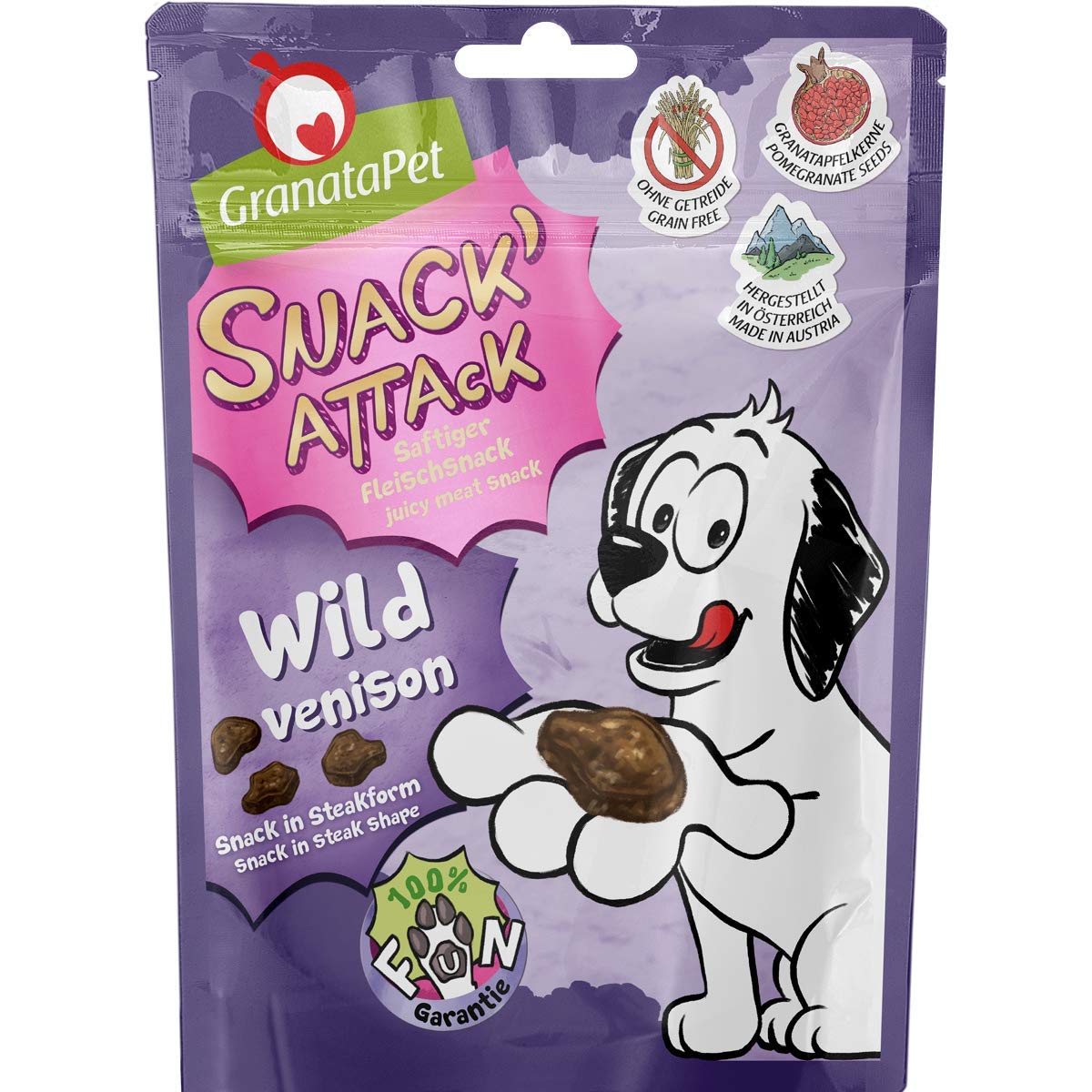 GranataPet Snack' Attack Wild, Hundeleckerli ohne Getreide & ohne Zuckerzusätze, Belohnung für verspielte Vierbeiner, Leckerchen für Hunde, weicher Hundesnack, 100 g