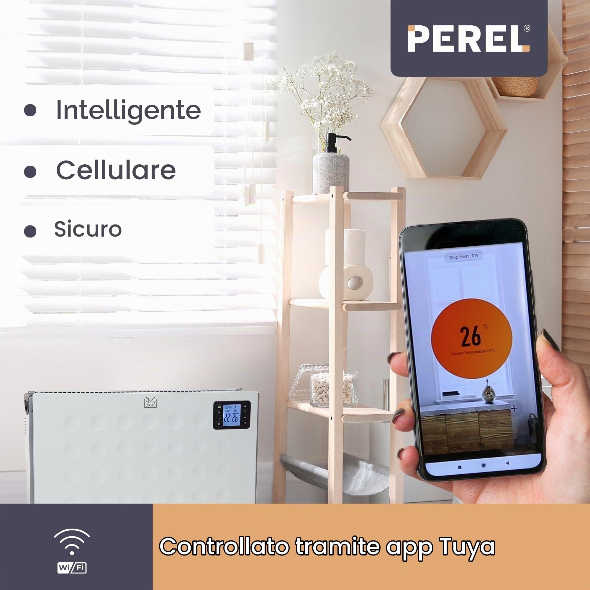 Perel Termoconvettore smart 2000W con 3 livelli di calore, termostato, IP20, protezione surriscaldamento, portatile con telecomando e controllo tramite app Tuya, per ambienti fino a 60 m³