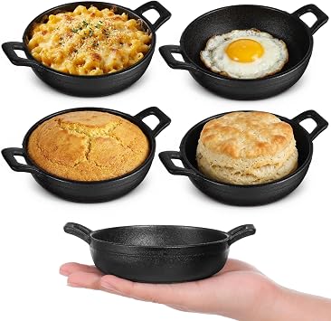4 Pack Mini Cast Iron Skillet, 5 x 5 x 1.3 Inch Cast Iron Pan Small Ramekin Set, Small Cast-Iron Pan with Handles Mini Casserole Dish Skillets for Serving Food Frying Baking Cooking Roasting