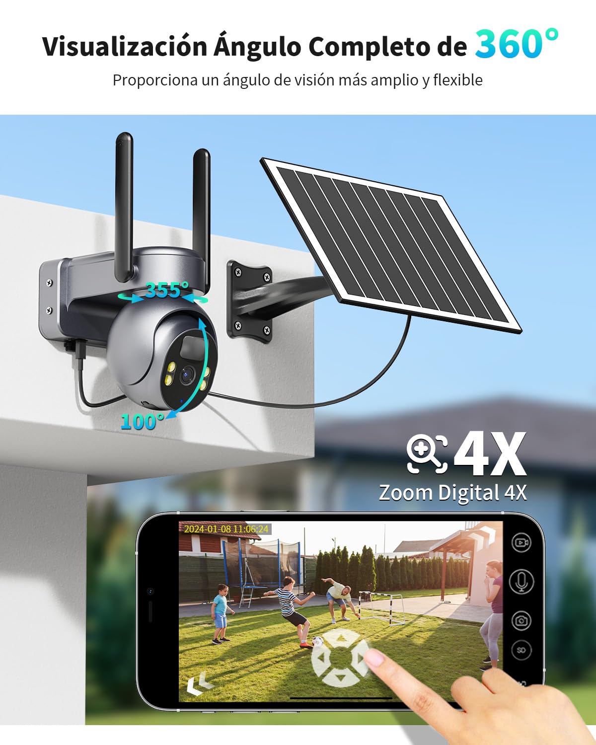 4G LTE Celular Cámara Vigilancia Exterior con Panel Solar y Tarjeta SIM, 2K HD Cámara Visión 360° con Batería PTZ, Visión Nocturna Colorida y Detección PIR Humana, Impermeable IP66