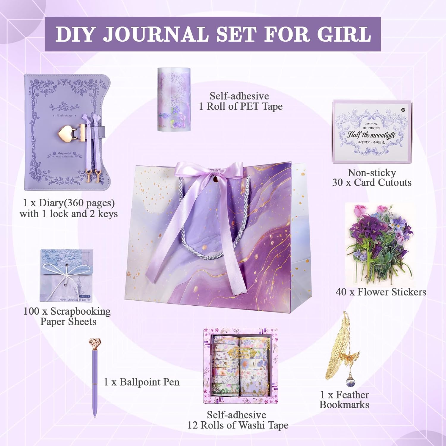 Janlaugh DIY Journal Diary with Lock Set Scrapbook Kit Stationary Diary Supplies Art Crafts Kit for Birthday Holidays Ideal Gifts for Women Teen Girls(Purple,Bright) - Image 3