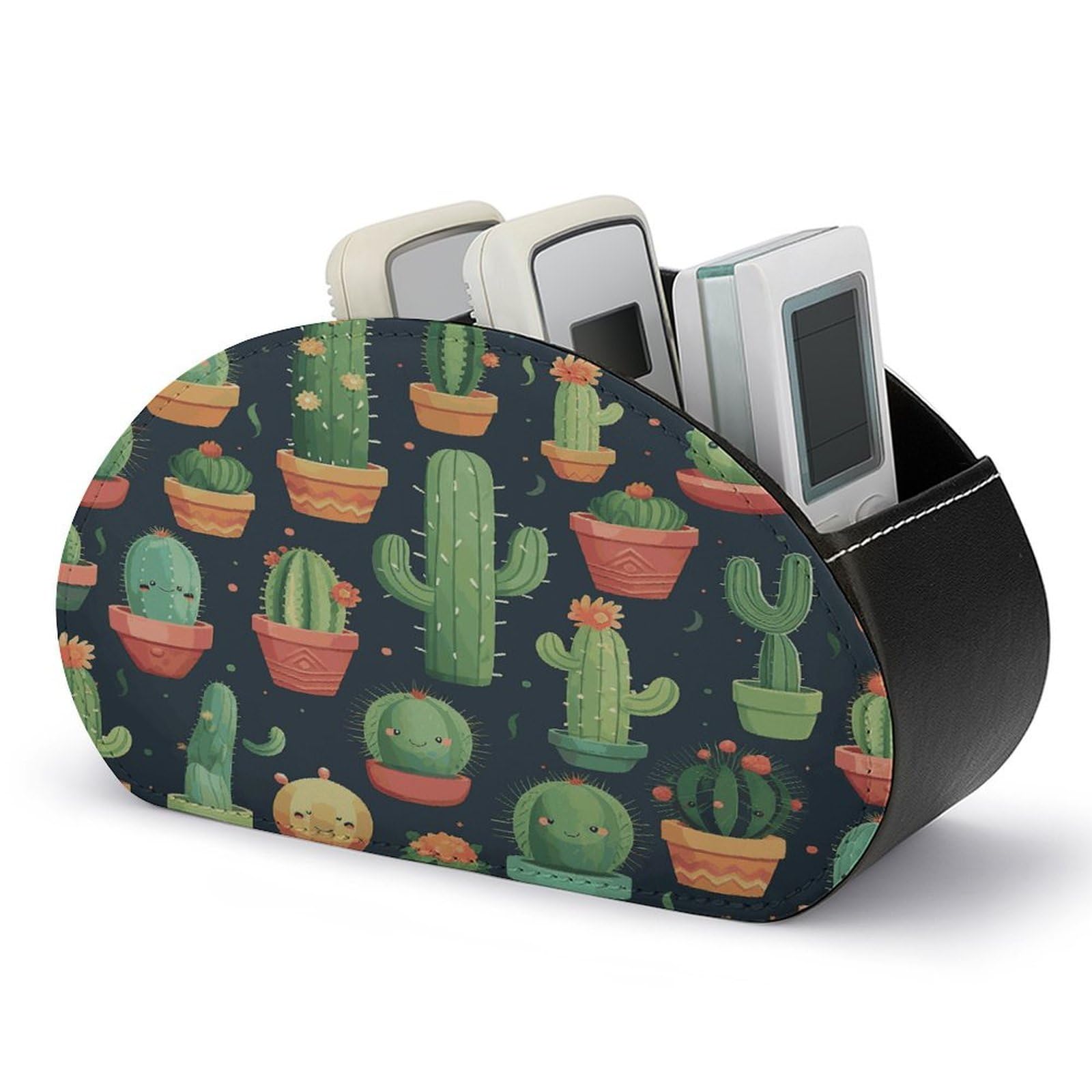 Cute Cactus Seamless Illustration Remote Control Holder with 5 Compartments Multi-functional TV Remote Caddy Organizer Leather TV Remote Holder Desktop Organizer Store for Bedside Table Office Desk