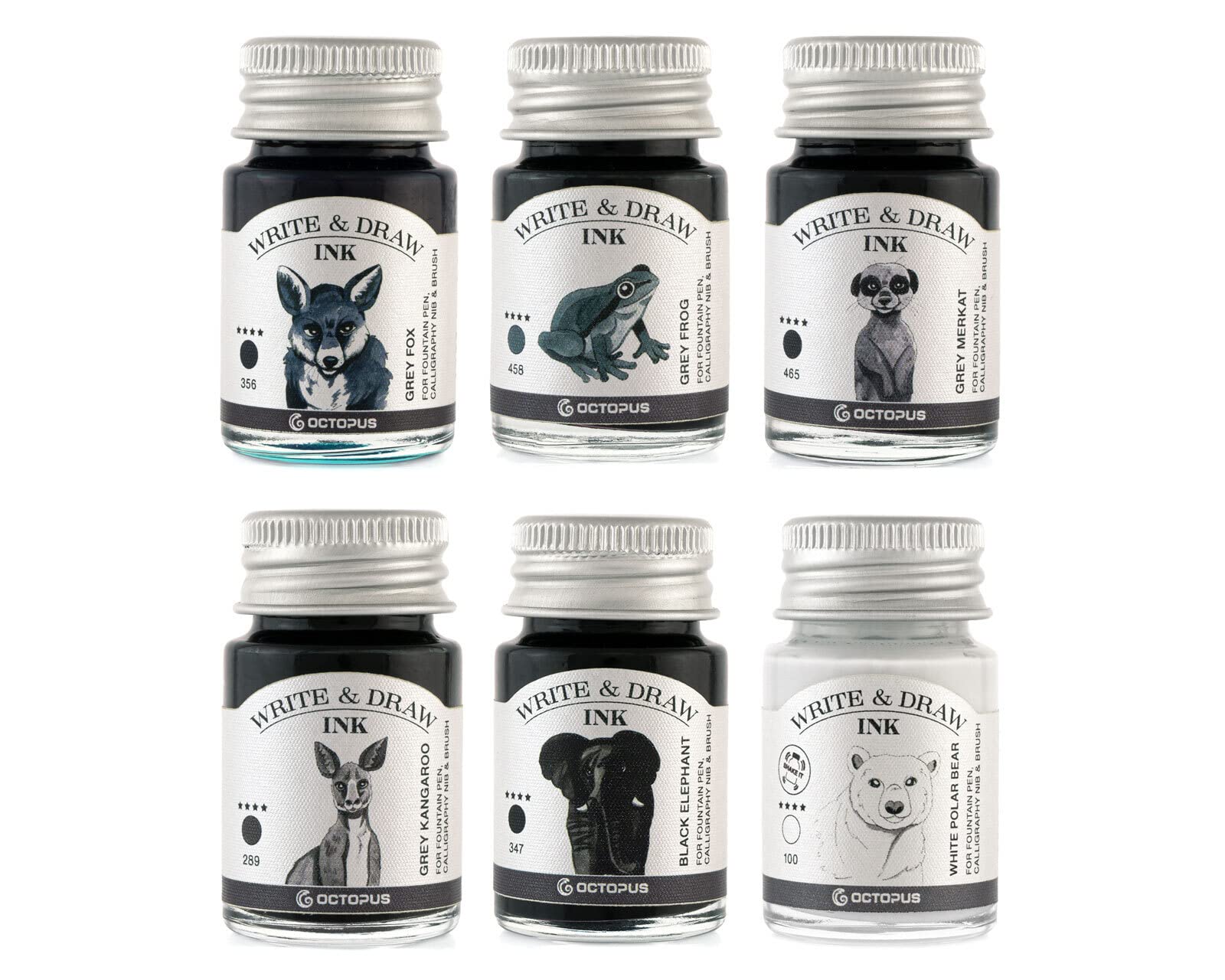 Octopus Write and Draw Ink Set HORIZON, watervaste inkt voor schrijven en tekenen, kalligrafie inkt, lichtechte tekeninkt voor vulpen, glaspen, penseel, 6 x 10 ml