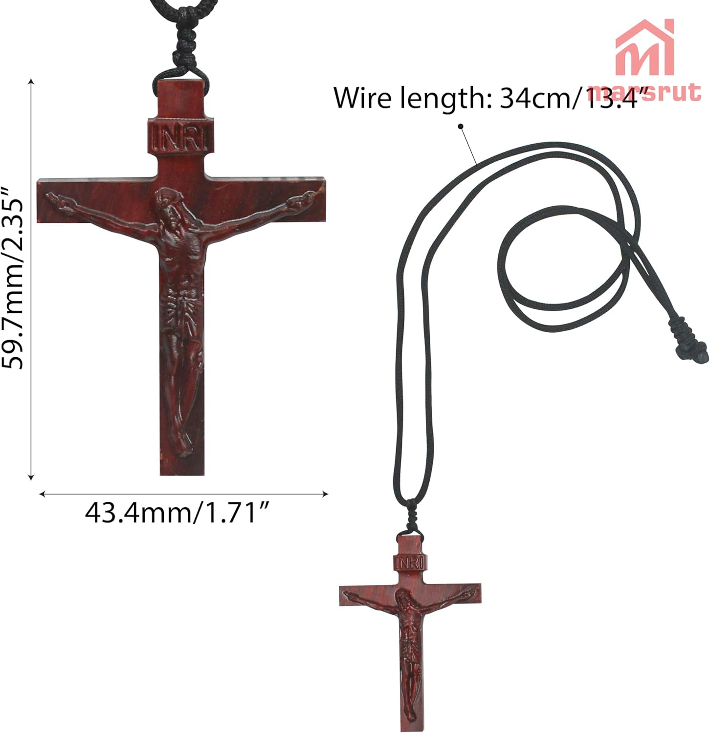 Wooden Crucifix Necklace for Men Women, Brown Wood Cross Christian Jesus Catholic Handmade Natural Pendant Chain, Braided Cord Rope, Religious Jewelry Spiritual Gift for Baptism Confirmation Easter - Image 2