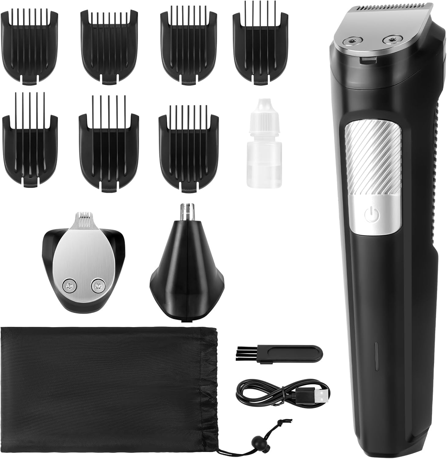 Baardtrimmerset, tondeuse, stoppeltrimmer, snoerloos oplaadbaar, met 7 limietkammen en drie trimkoppen voor het trimmen van haar, baard, neus, oren en ander lichaamshaar, cadeau voor hem