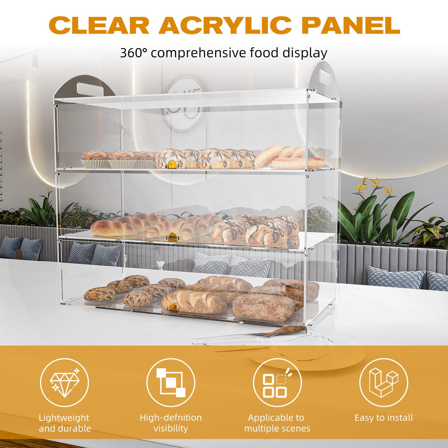 Cityjoy Vetrina a 3 livelli per pasticceria, 60 x 30 x 47 cm, espositore in acrilico trasparente per dolci e ciambelle