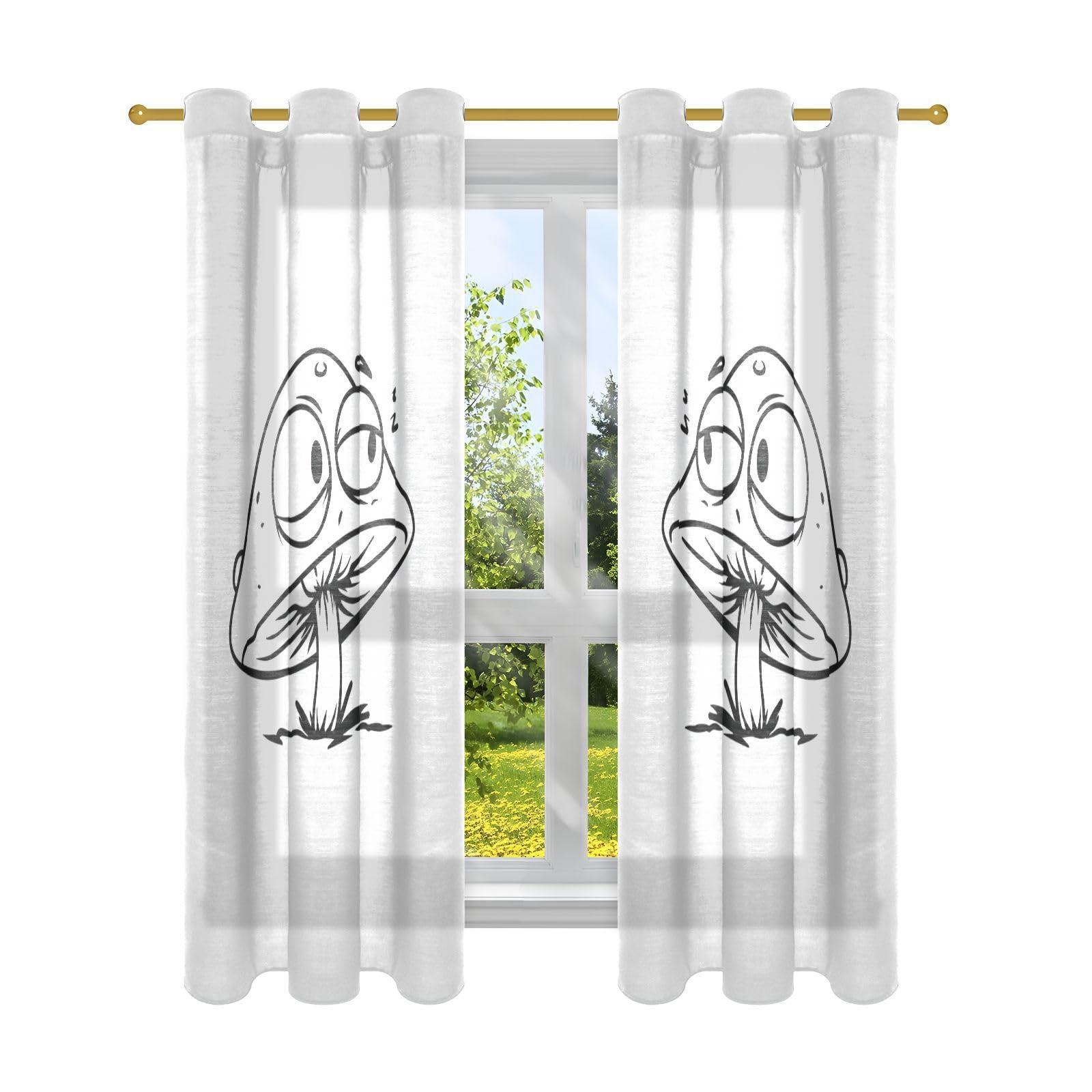 Rideaux de petite fenêtre motif champignon noir et blanc 160 cm de long anti-regards indiscrets