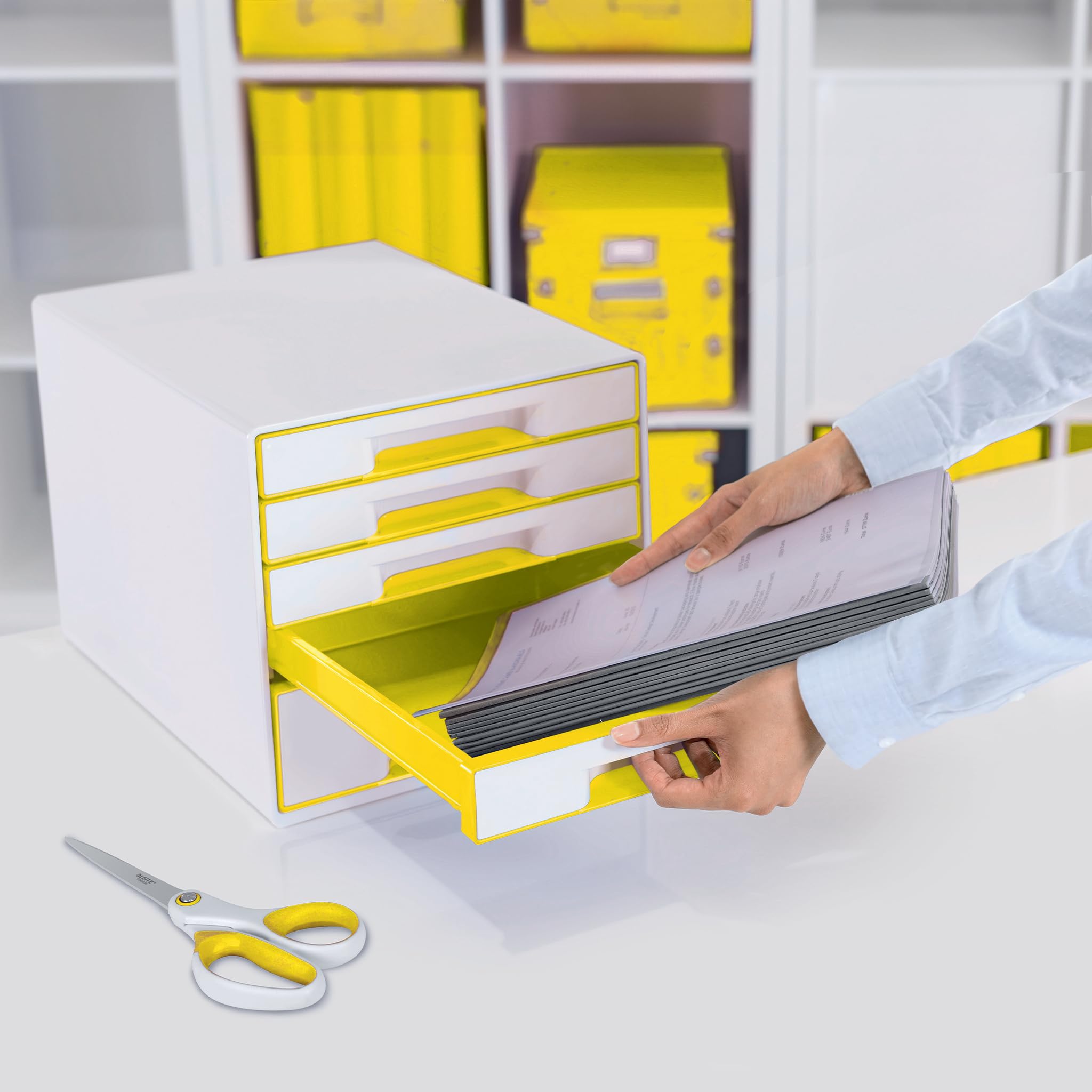 Leitz 5 A4 Drawer Cabinet with Marker Pen and Transparent Tray, Organiser, Wow Range, White/Yellow