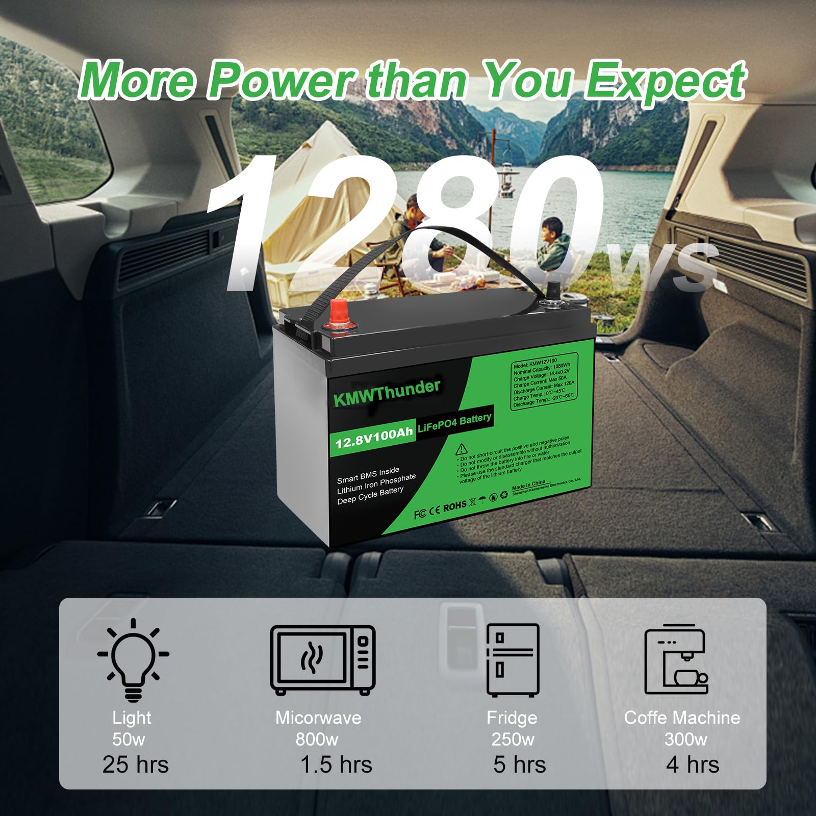 Batterie 12V 100Ah LiFePO4, BMS 100A amélioré Rechargeable avec, jusqu'à 15000 Cycles, Batterie au Lithium 1280Wh, Parfaite pour Les Camping-Cars, caravanes, Camping, systèmes solaires