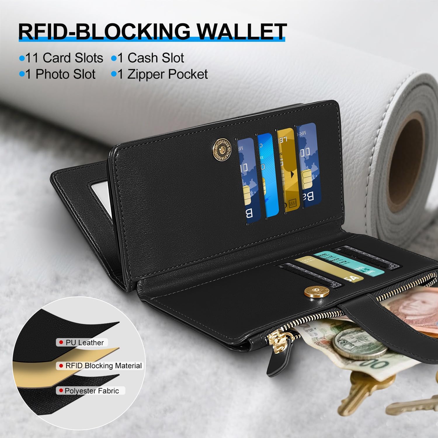 Magnetic Case for iPhone 15/14 / 13 Wallet Compatible with Magsafe RFID Blocking Card Holder Detachable Phone Cover Kickstand Snap Strap Zipper Pocket PU Leather 6.1 inch (Black)