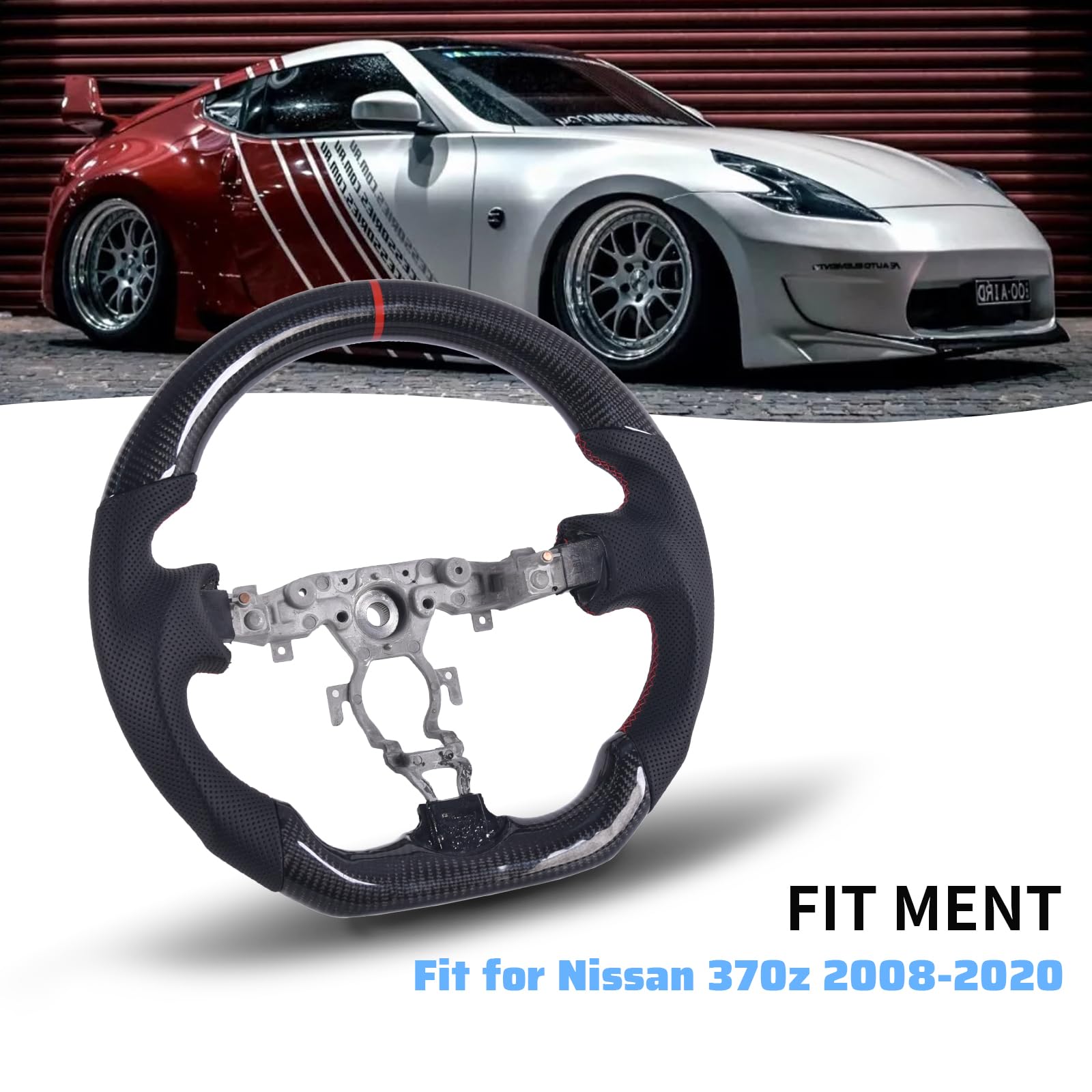 EASSAFEX Carbon Fiber Steering Wheel for Nissan 370z 2008-2020, D-shaped Flat-bottom Perforated Leather Grip