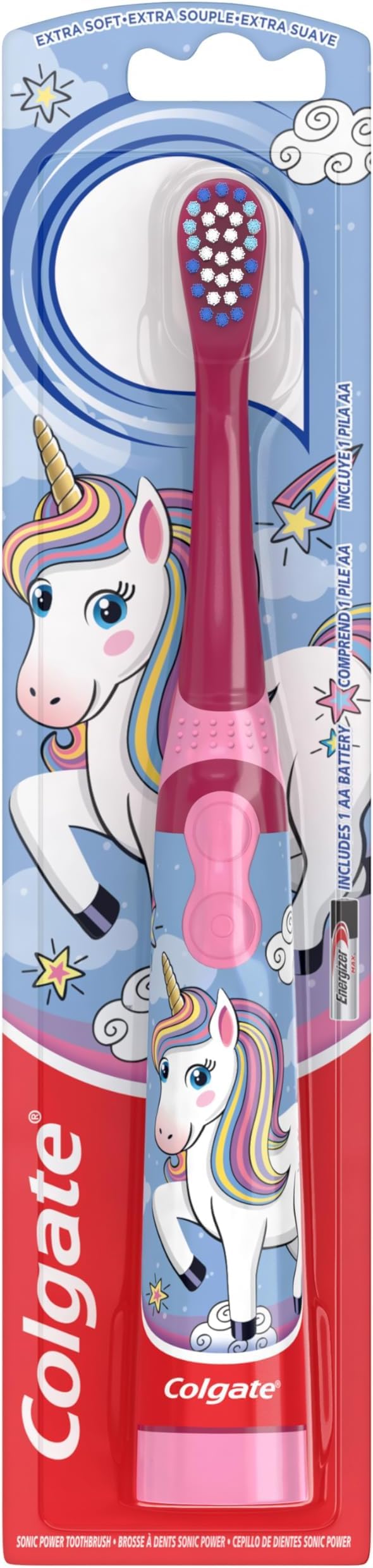 Colgate Kids Battery Powered Toothbrush with Included AA Battery, Extra Soft Bristles, Flat-Laying Handle to Prevent Rolling, Unicorn Toothbrush, (Pack of 12)