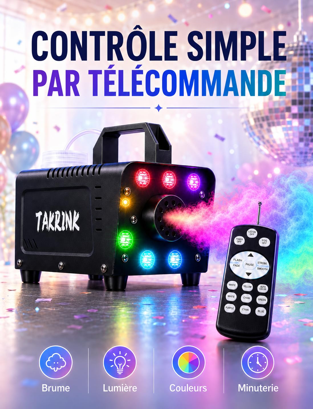 TAKRINK Machine à Fumée 900W Télécommande Machine à Brouillard Professionnel avec 8 LED et Réservoir 0,3 Litres pour Halloween Mariages Étapes Fêtes DJ et Spectacles | 8 LED RGB 16 Couleurs effet fumée Lumineux Réservoir 0,3 L et Commande à Distance pour