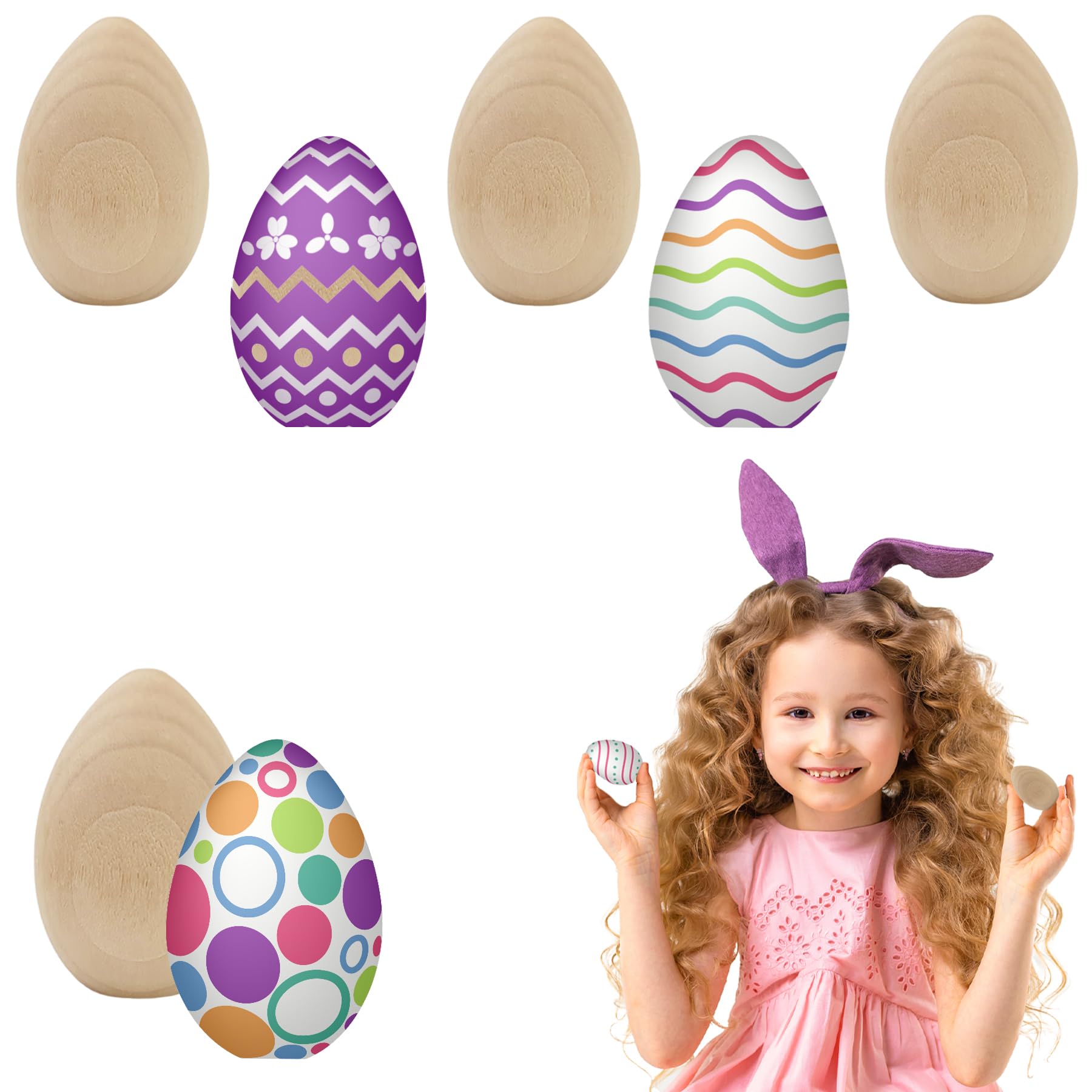 Uova di Pasqua in legno naturale liscio non verniciato, perfette per artigianato pasquale, decorazioni e caccia alle uova in cartone, 5,3 cm (confezione da 48)