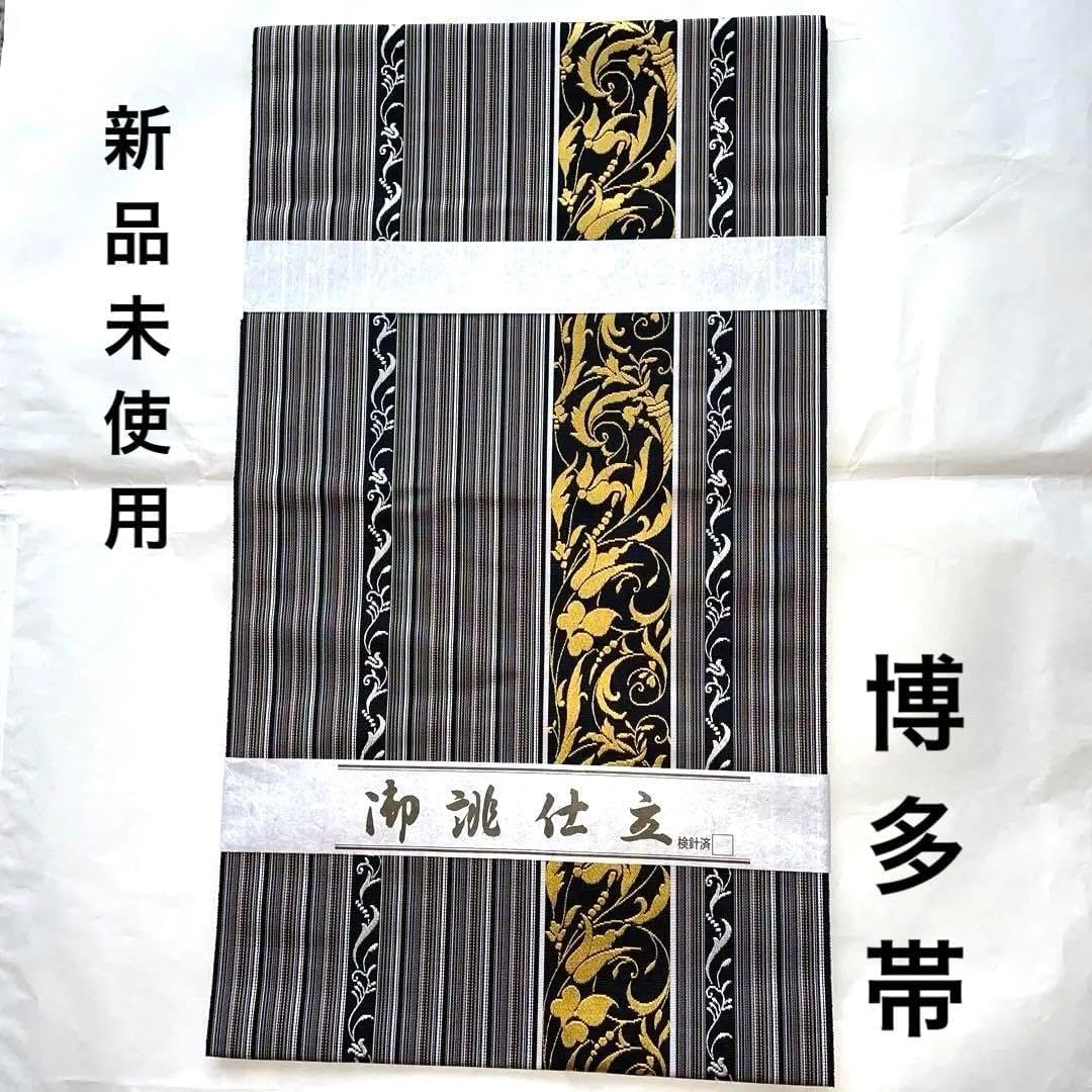 ダンシャリ子 本場筑前博多織 HO-1006 本場筑前博多織 【加茂博多織謹製：金印】 献上縞 黒地 八寸 正絹 名古屋帯