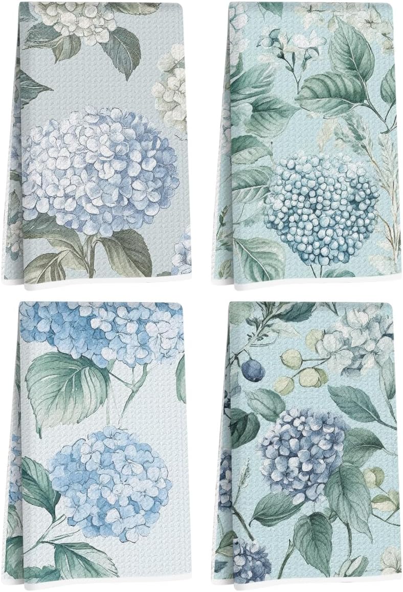4 Pcs Artistic Blue Hydrangea Kitchen Towels, Elegant Decorative Absorbent Microfiber Dish Cloth Tea Towel, Durable Hand Towels for Farmhouse Home Bathroom, Housewarming Gifts