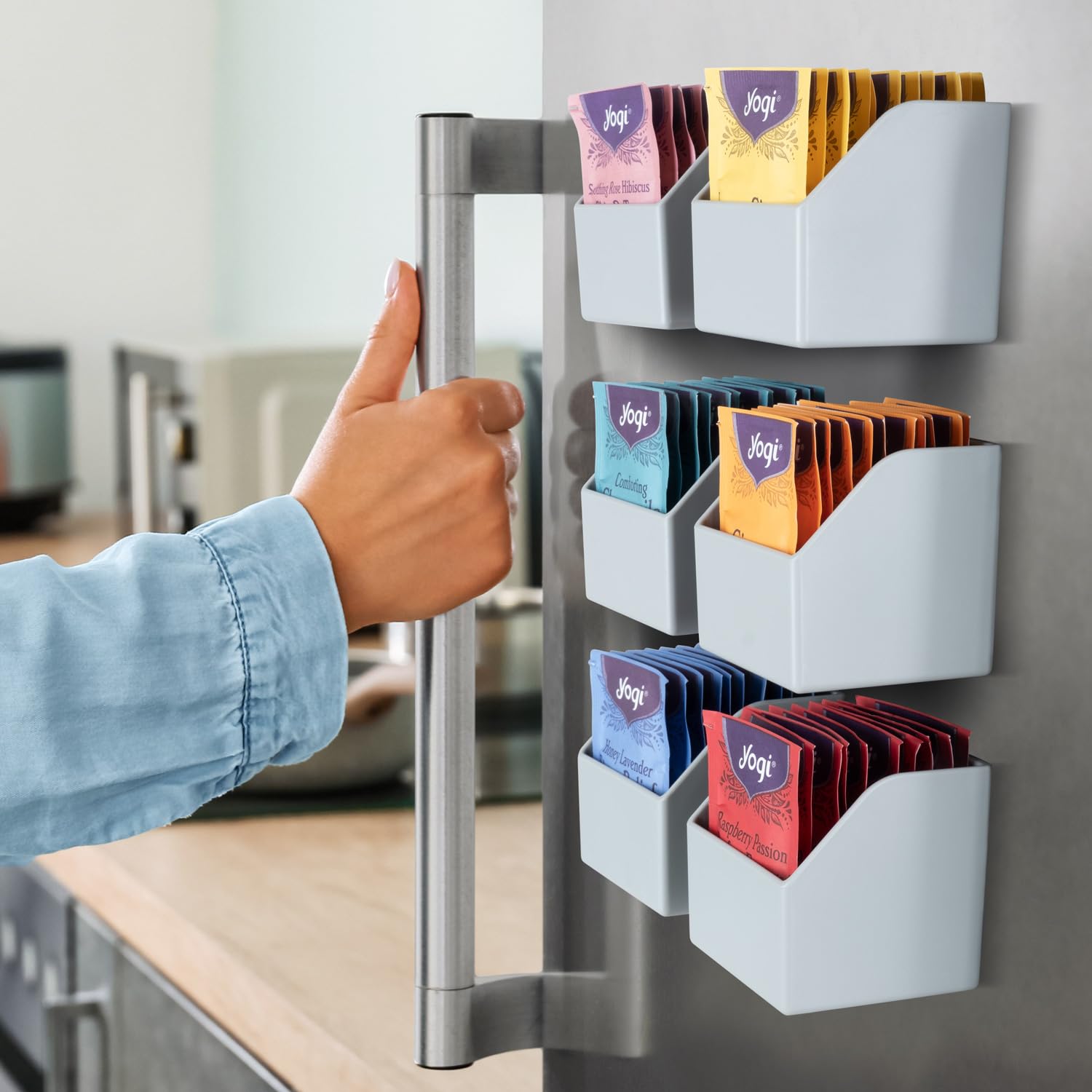 MONA DESIGNERS Magnetic Tea Bag Organizer - Set of 6 Individual Holders for The Refrigerator, Bags Stylish & Practical Space Saving Holder (Gray)