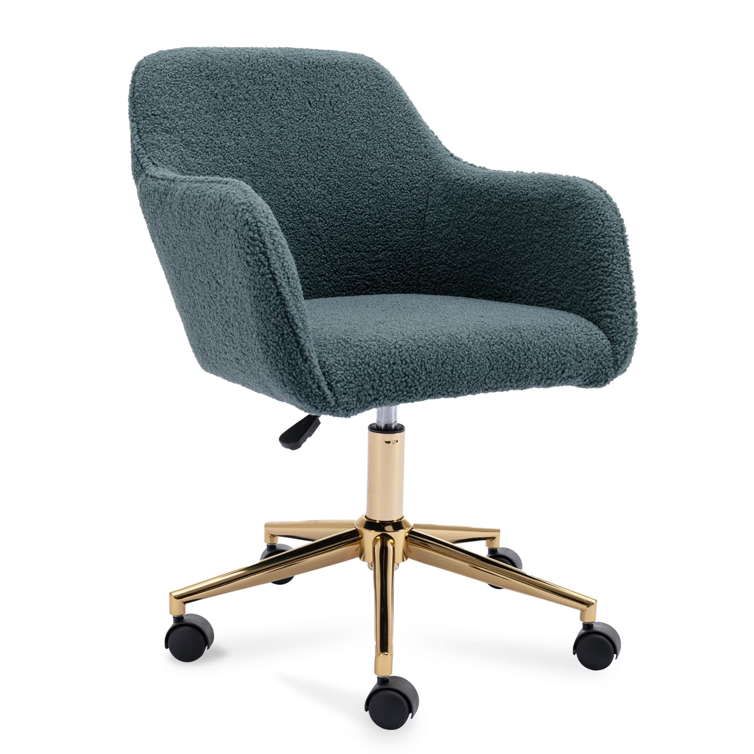 Teddy Fabric Home Office Chair, Cute Swivel Desk Chair with Wheels, Modern Rolling Adjustable Vanity Chair with Gold Base for Home Office, Vanity Room, Bedroom