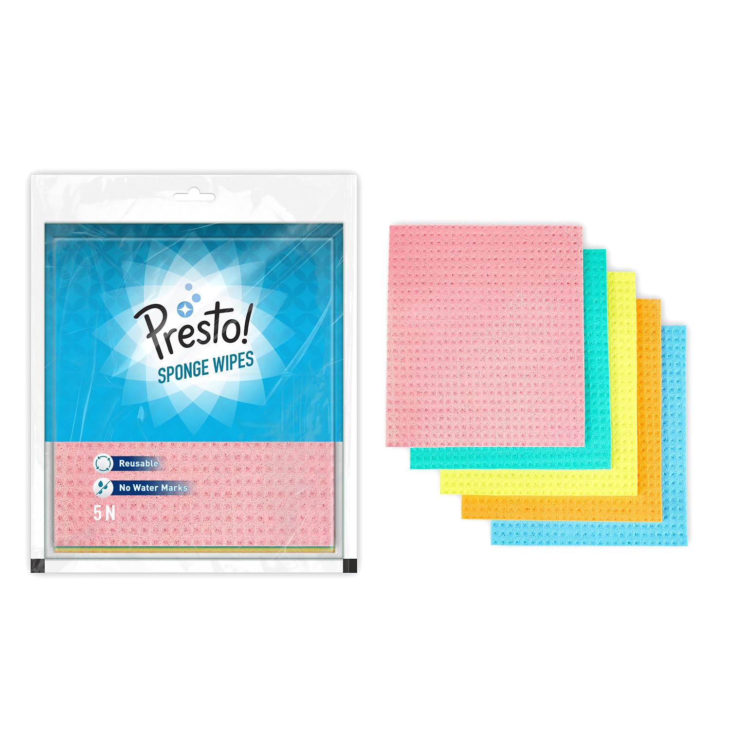 Presto! Sponge Wipe | Reusable Kitchen Cleaning foam | Cellulose Wood Sponge - Easy to use | Pack of 5, Multi- Color