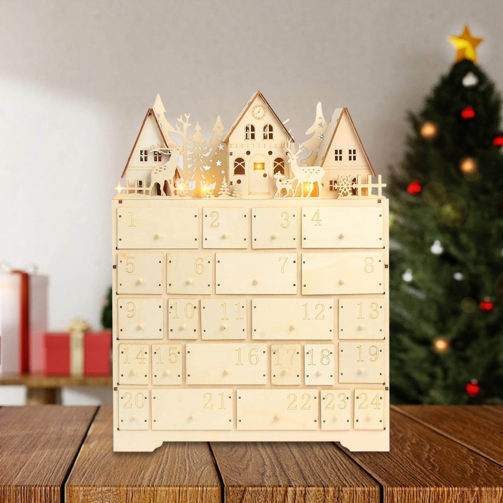 Weihnachts Adventskalender Boxwood mit LED Fächer Holz Kalender Dekoratives Schubladen Ornament Weihnachts für Wohnzimmer Schlafzim