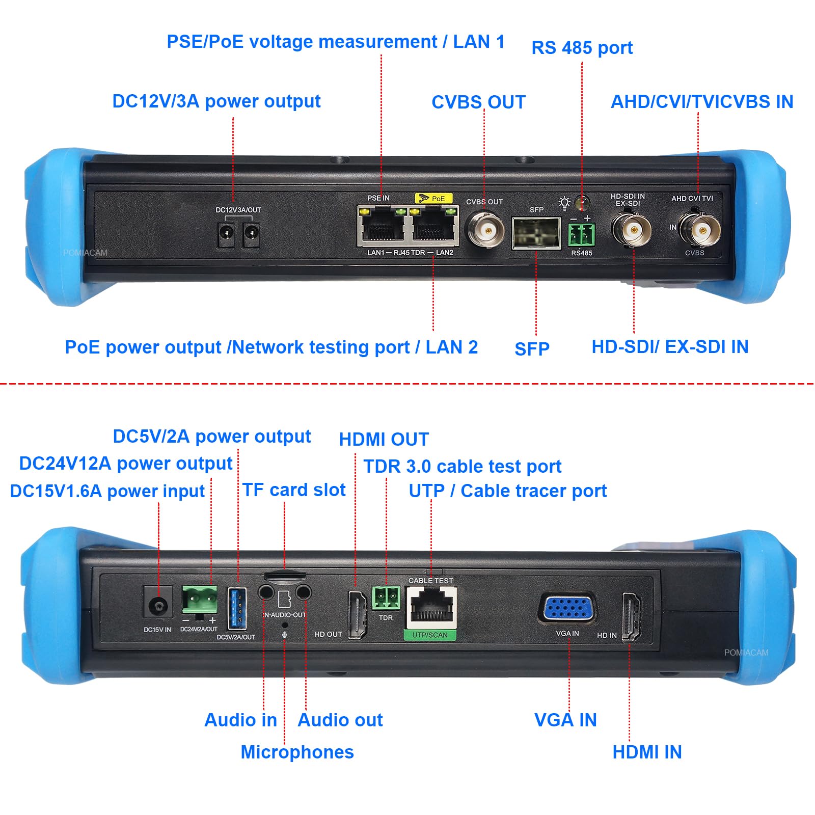 Tester CCTV 8K H.265 IP Camera Tester Monitor per telecamera TVI/CVI/AHD/SDI/CVBS da 8 MP con schermo da 7 pollici, con POE++ Max. 90 W, porta Gigabit SFP, ingresso/uscita HDMI, ingresso VGA