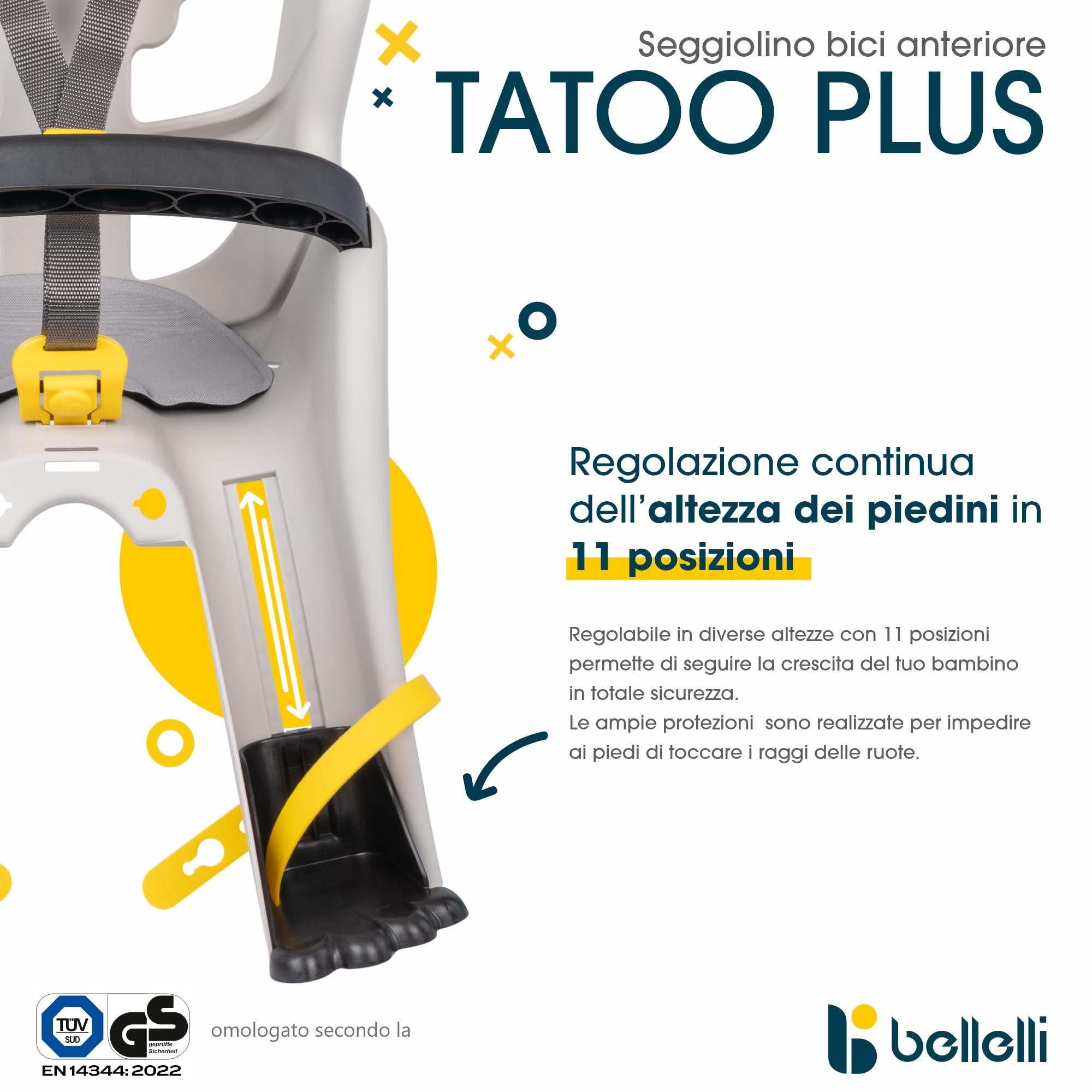 Bellelli | Tatoo Plus - Seggiolino Anteriore per Bicicletta - per Bambini Fino a 15 kg, da 9 Mesi a 3 Anni - Si Fissa al Manubrio - Colore Silk Grey