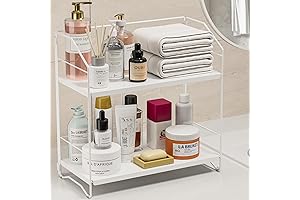 2 Tier White Countertop Shelf: Adjustable Spice Rack & Cosmetic Organizer