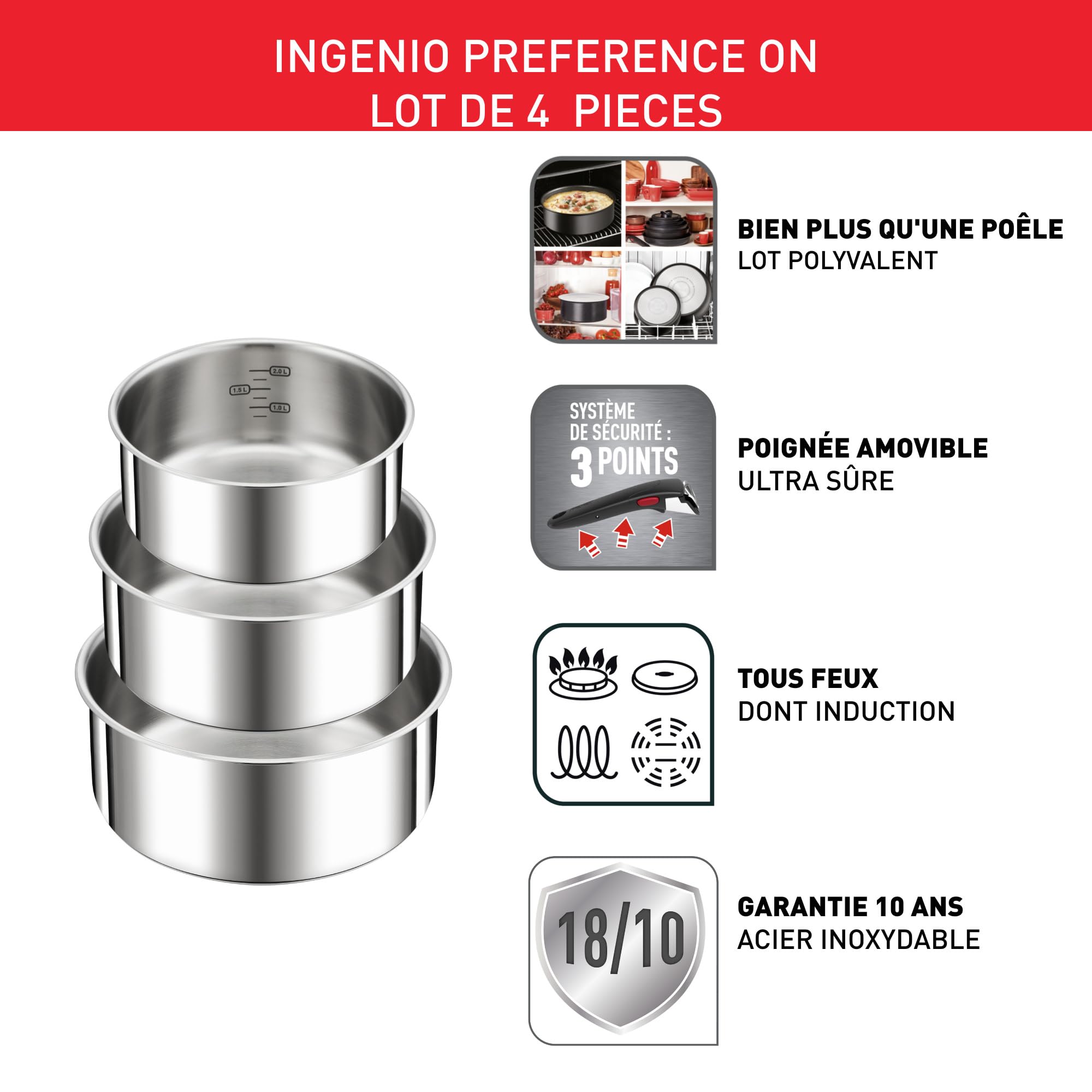 Tefal Ingenio Preference ON 4-Delige Pannenset - Stapelbaar Met Afneembare Handgreep