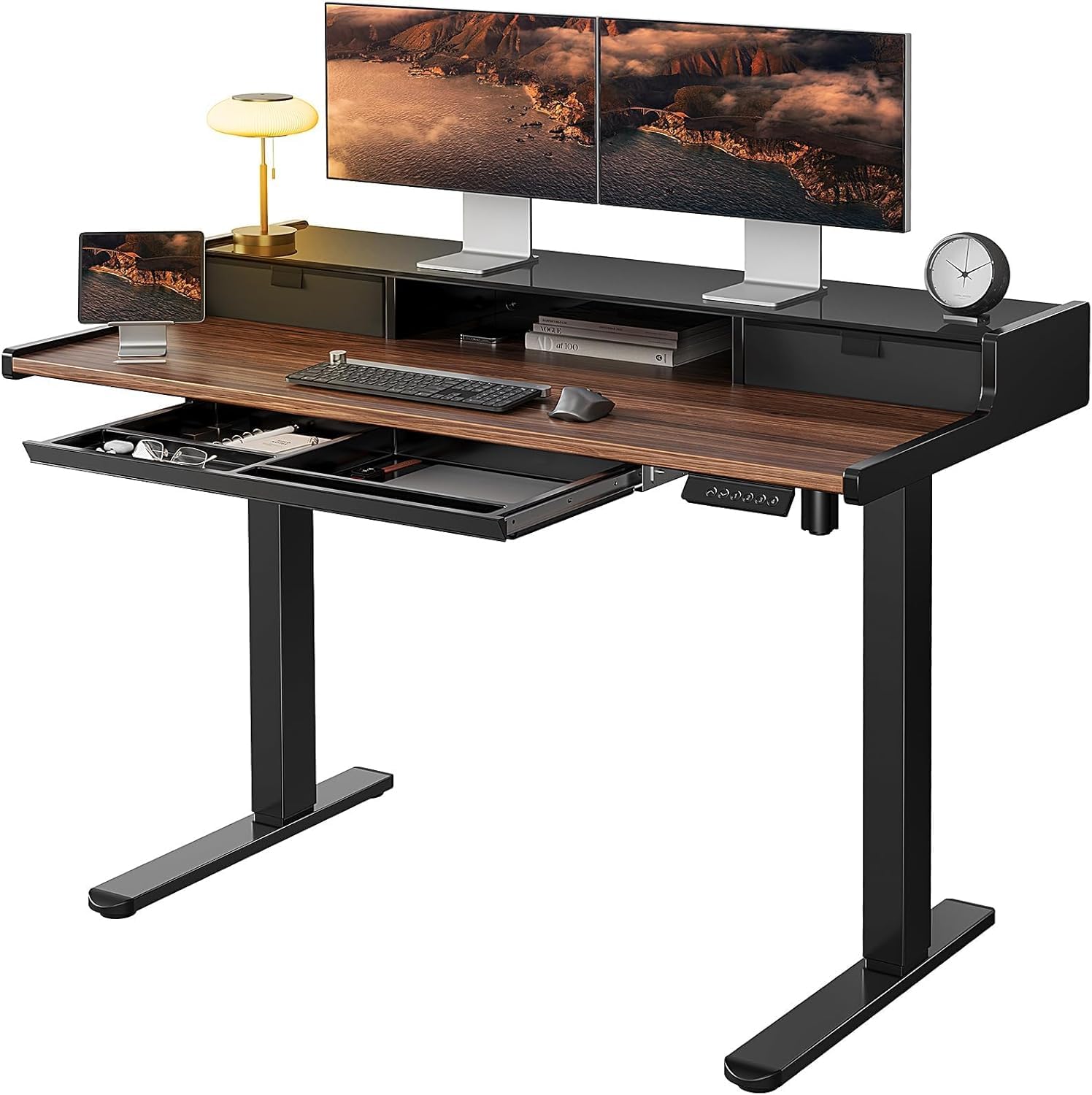 Marsail Electric Standing Desk with Drawers, 48 x 24 Inch Stand Up Desk with Glass Monitor Stand, Height Adjustable Desk with Drawers for Home & Office, 4 Preset Heights, Black Walnut