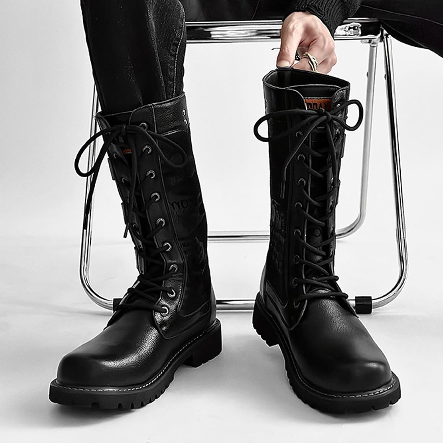 Men'S Black Leather Platform Combat Boots Retro Round Toe Multi-Buckle Chunky Lug Sole Lace-Up Motorcycle Boots Comfortable Work Party Punk Ankle Boots