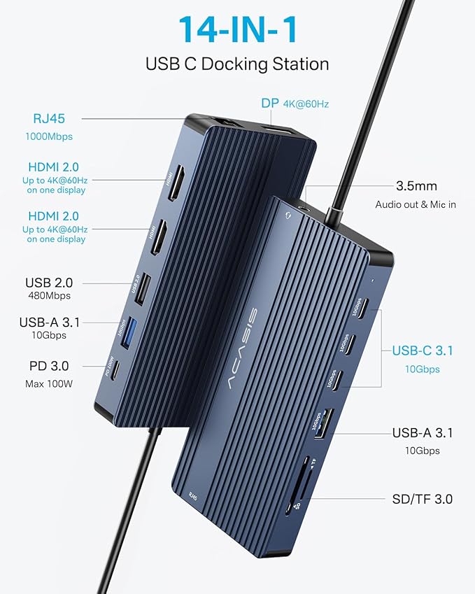 Docking Station USB C ACASIS 14 en 1 con 2 HDMI, DP, 100W PD miniatura 2