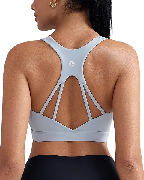 RUNNING GIRL Sports Bras for Women, Racerback Molded Cup Sports Bra with Sewn in Pads for Workout Pilate and Casual Grey Large