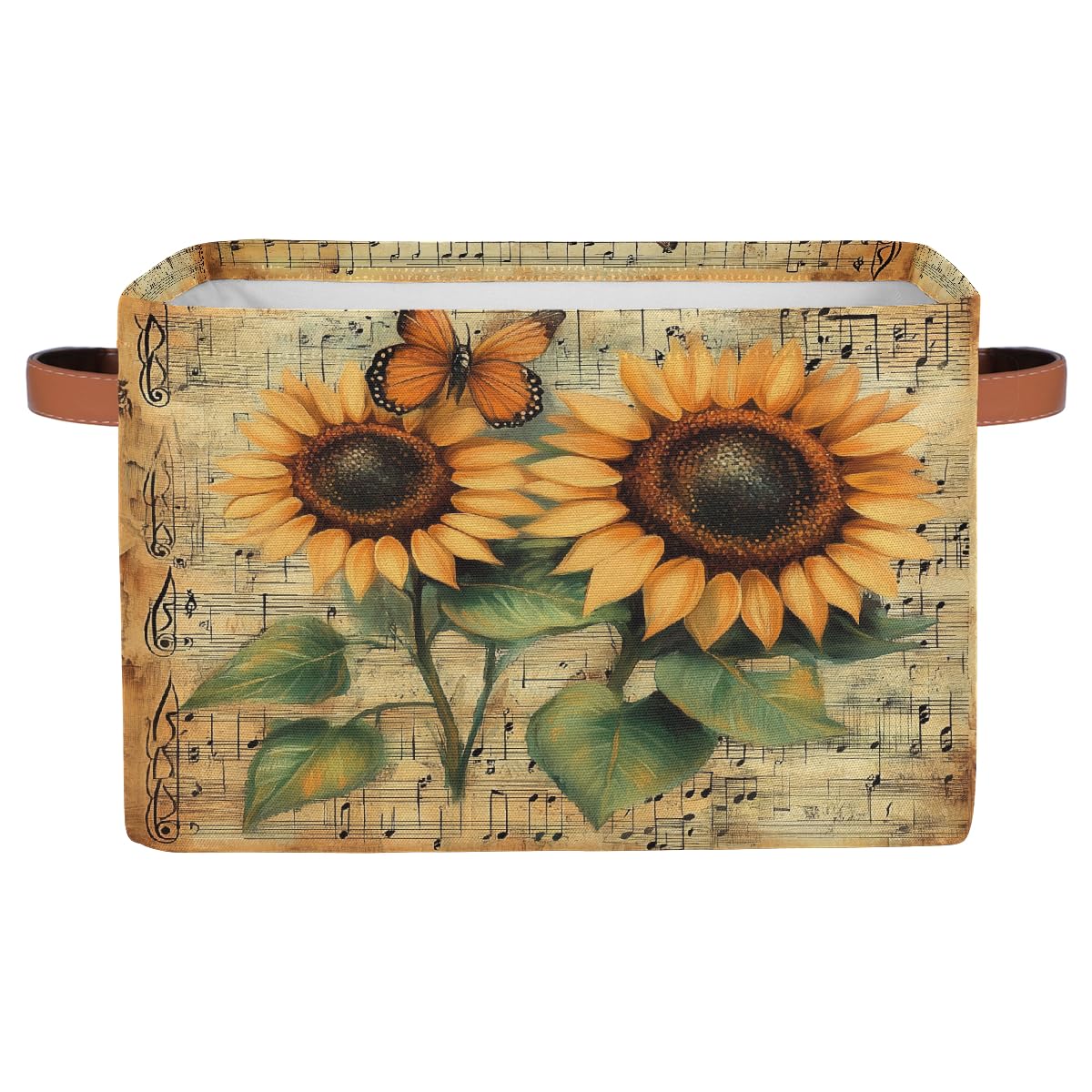 Mexpekil Vintage Sunflower Butterfly Note Fabric Storage Cubes, Foldable Closet Organiser for Wardrobe, Bedroom & Playroom, Collapsible Toy Chest Basket, 38x28x24 cm