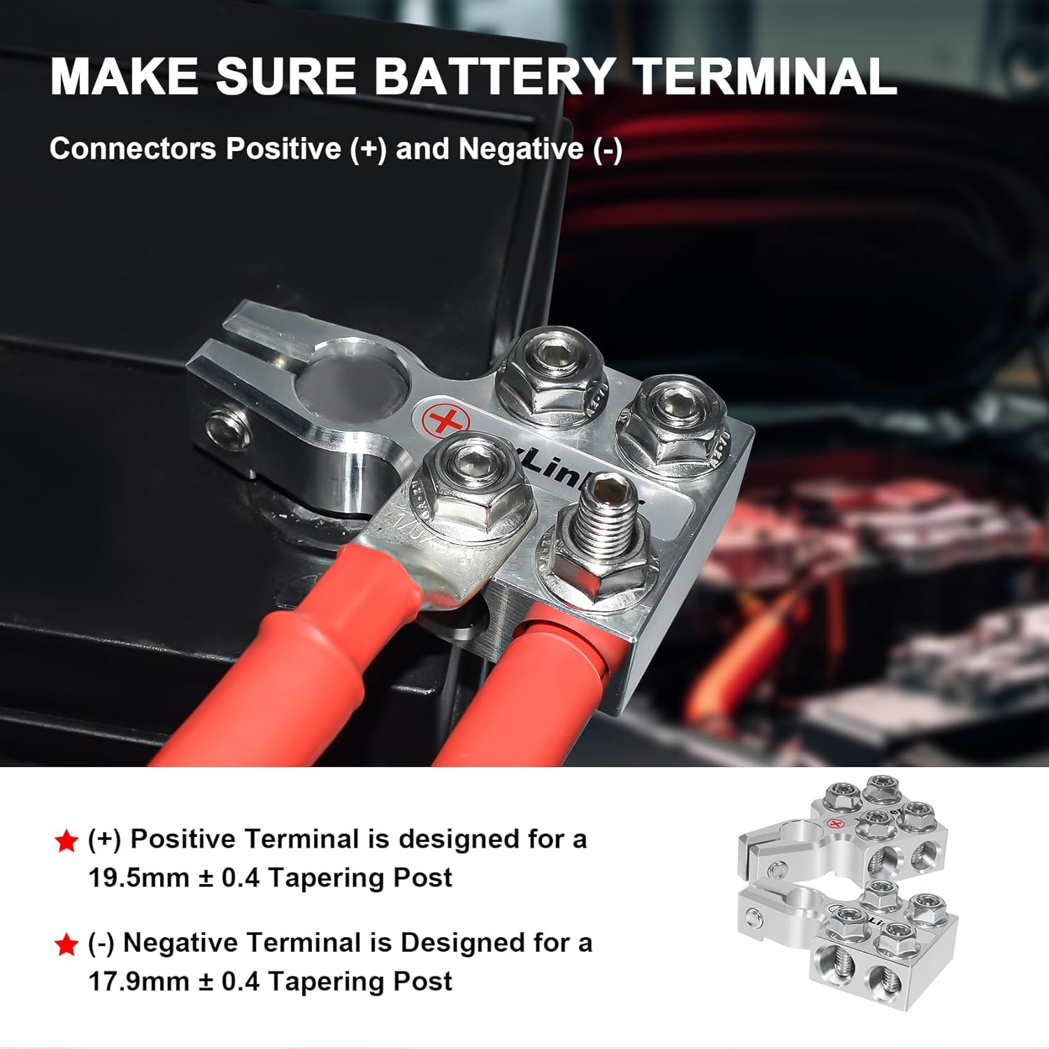 8-Way Lead Acid Battery Terminal Connectors, AGM Post Terminal Ends Terminals Extender, Battery Terminal Clamp 8AWG up to 4/0(XL) AWG Gauge, Positive & Negative for SAE/DIN/EN Tapered Top Post