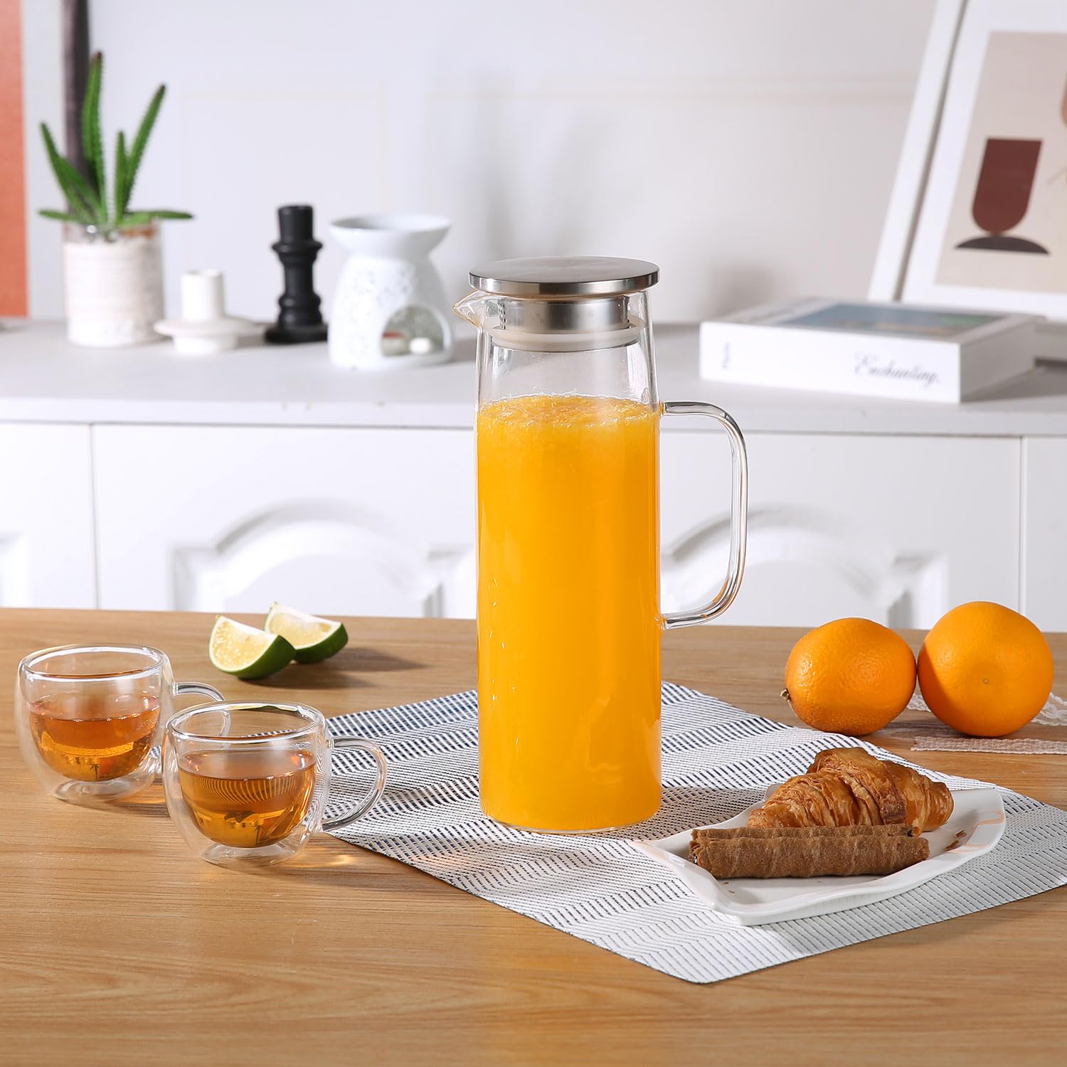 Jarra de vidrio resistente al calor con tapa y boquilla, jarra de té helado de vidrio para nevera, jarra de agua de vidrio y jarra de 1500 ml