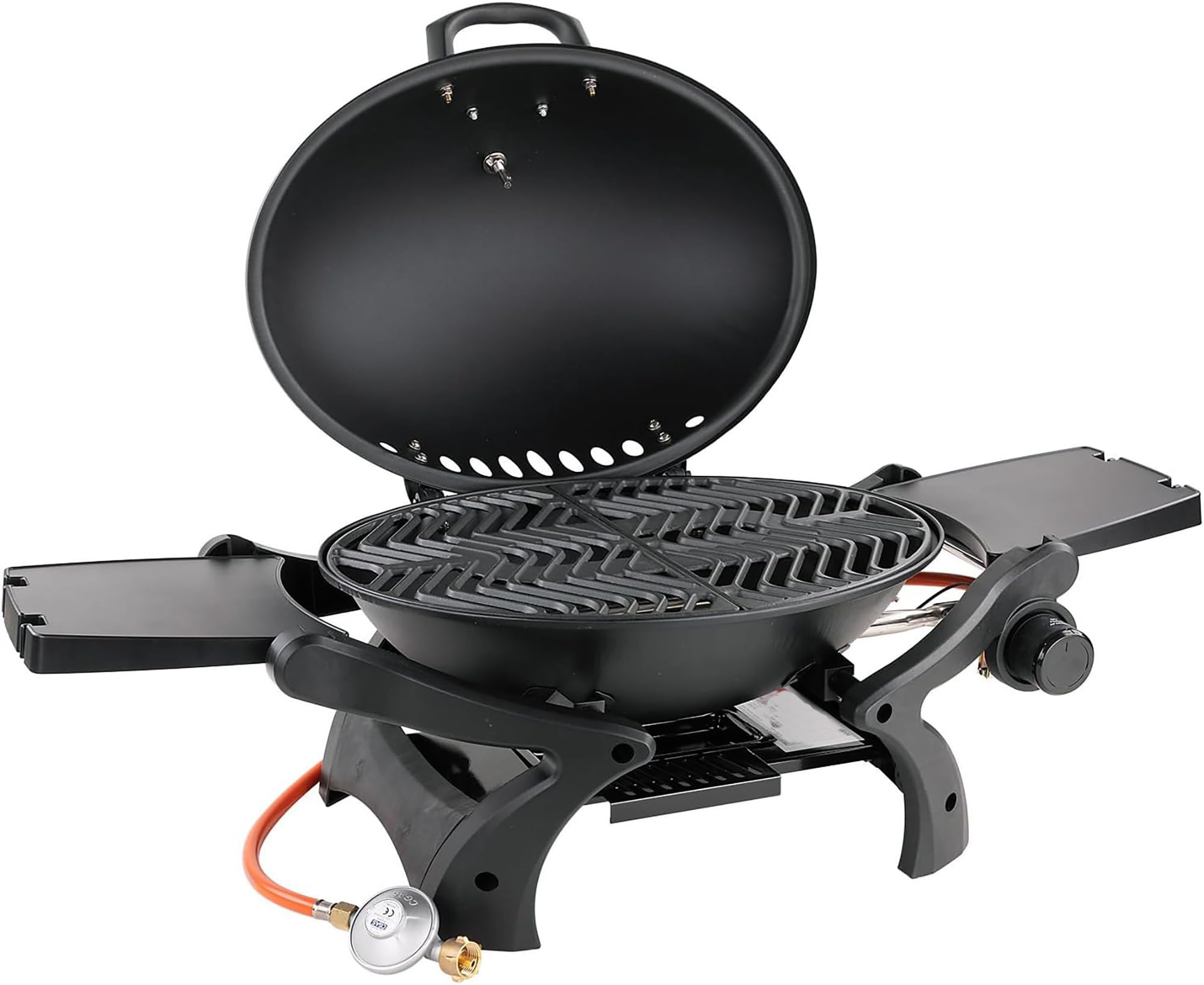 Manhattan stołowy grill gazowy (czarny) z rusztem żeliwnym (owalny, 48 x 36 cm), moc 3,5 kW, składane półki i termometr – grill na balkon, kemping i do aktywności na świeżym powietrzu