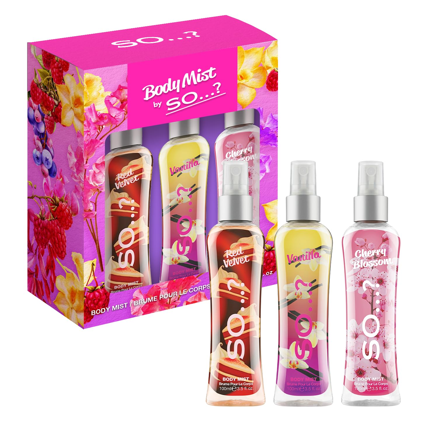 SO…? Body Mist Luscious Trio Womens Body Mist Gift Set, with Red Velvet, Vanilla, & Cherry Blossom, Fragrance Spray Set (3x100ml)
