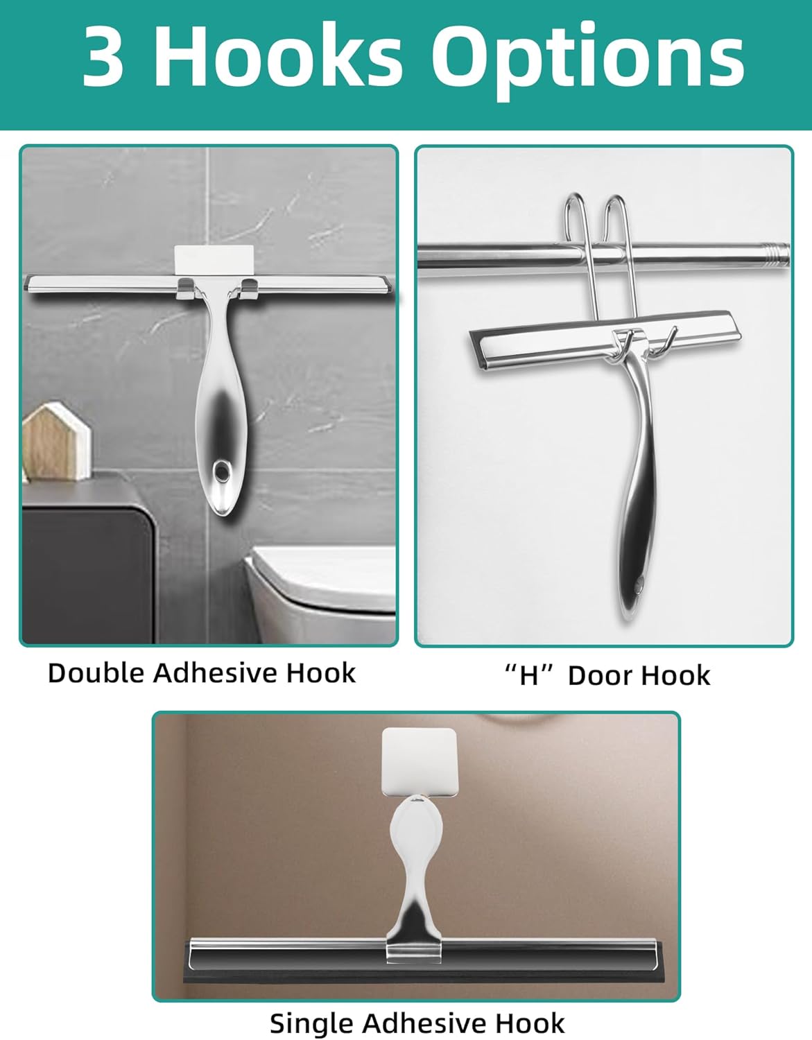 All-Purpose Stainless Steel Shower Squeegee Come with S Hook, 2 Square Sticky Hook 2 Rubber Strips Shower Squeegee for Glass Doors, Windows, Mirrors, Tiles and Car Glass -14 Inches Silver