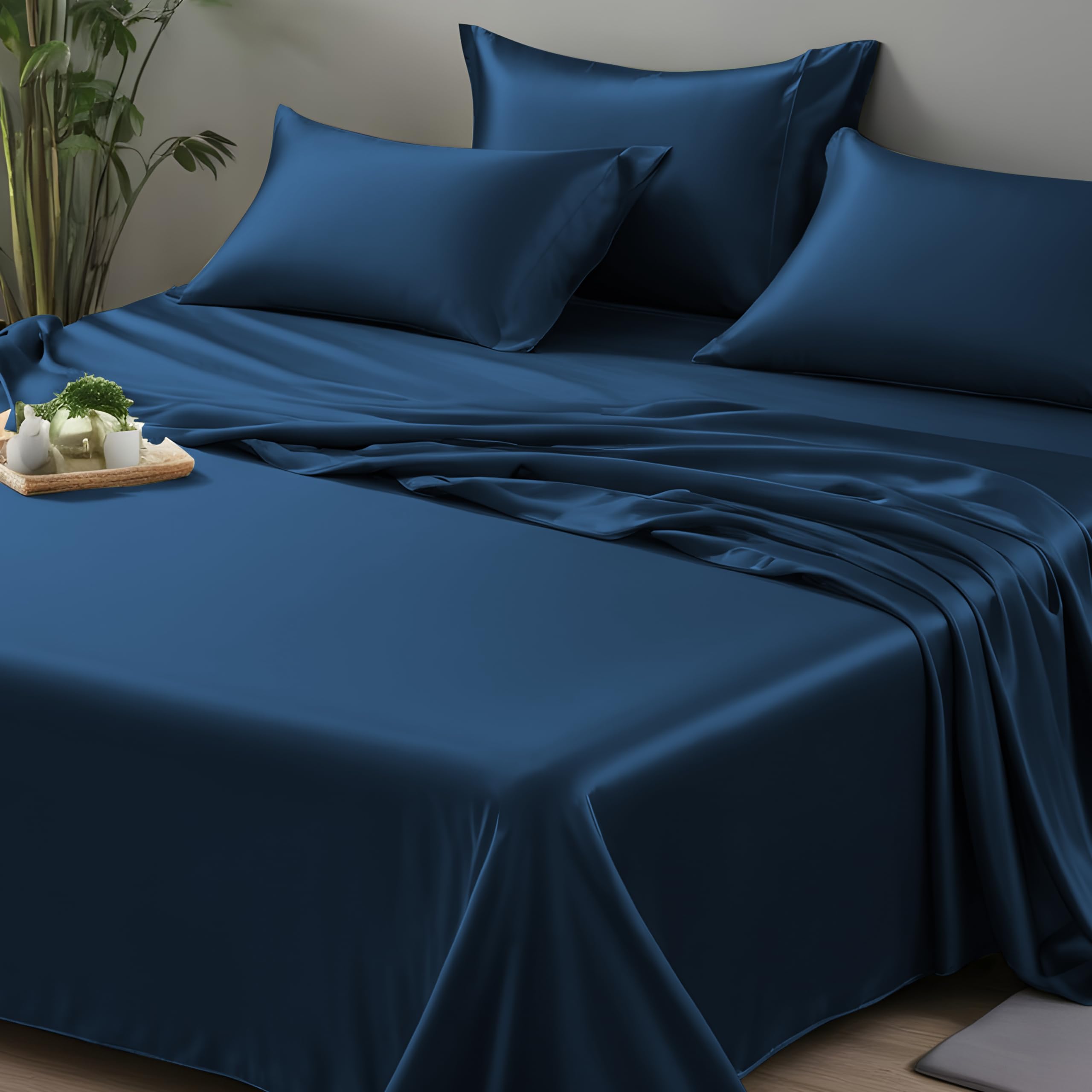 LINENWALAS 100% Organic Bamboo Small Double 4ft Bed Flat Bed Sheet Only Flat Sheet Soft Silk Sheet Cooling Bamboo Bedding Flat Bed Sheet Perfect for Hair and Skin (Small Double 220x260 CM/Navy Blue) โ image 1