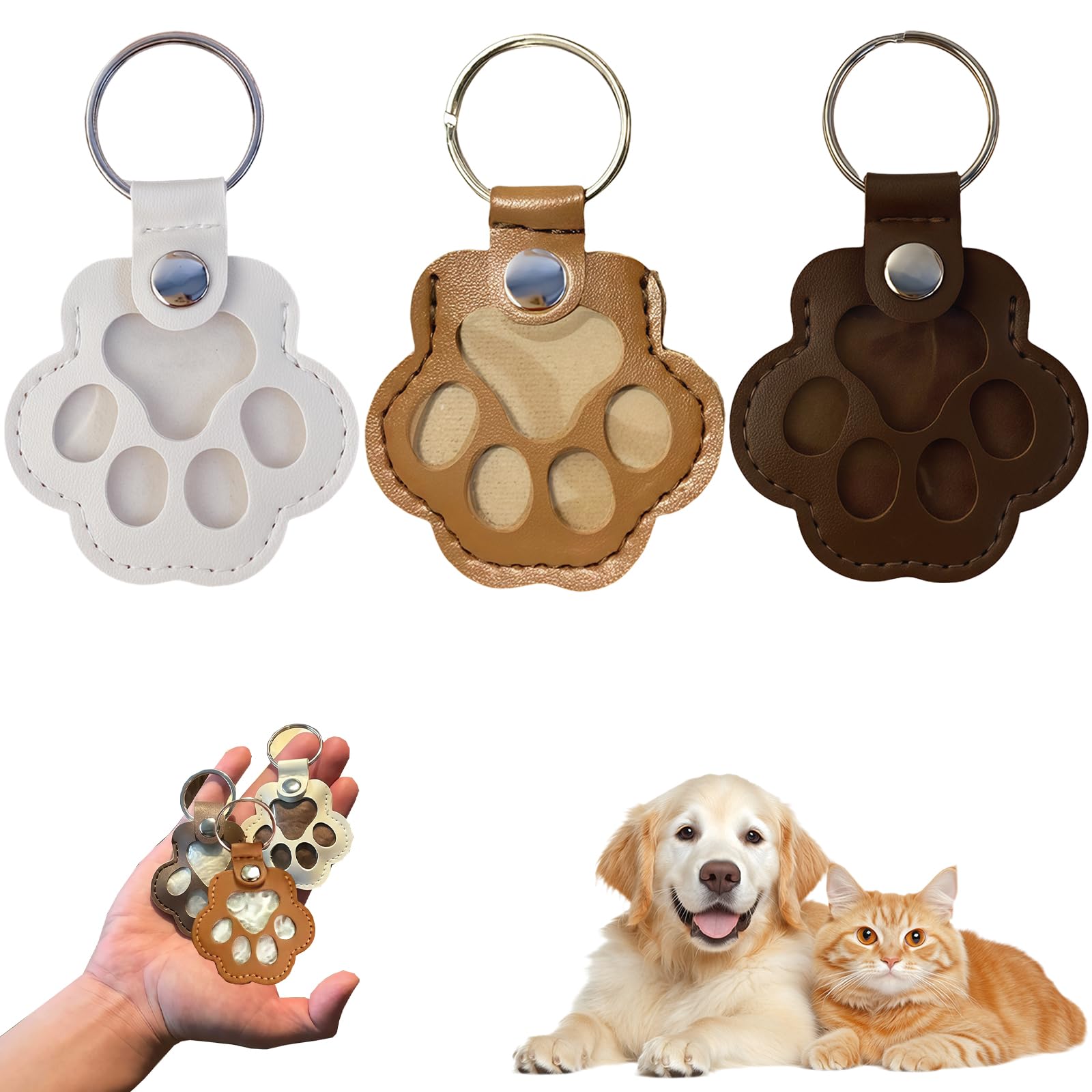 AYNKH 3 pcs Pet Hair Keepsake Box for Dog and Cat Pets Hair Storage Pouch Fur Memorial Keyring,Dog Cat Paw Shape Leather Keychain Pendant