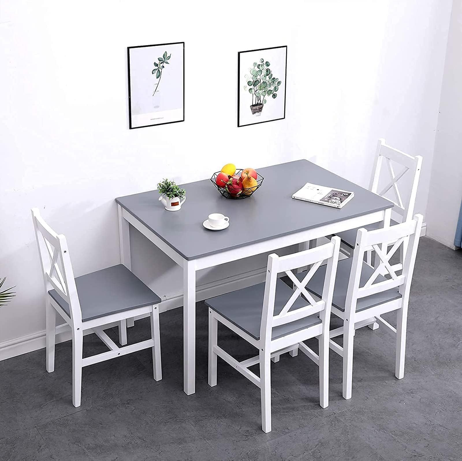 Table Salle à Manger 5 Pièces DlandHome - Bois Pin Massif Gris/blanc - 108x65cm Avec 4 Chaises