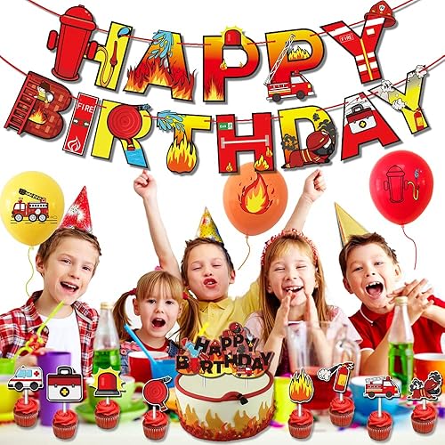 Miniatura 2 de Suministros de fiesta de cumpleaños de camión de bomberos para niños y niñas, pancarta temática de feliz cumpleaños, globos de aluminio para