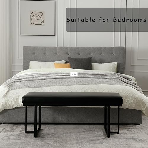 Miniatura 4 de ZH4YOU Banco otomano moderno de 45 pulgadas para dormitorio, banco de entrada tapizado de piel sintética negra con extremo de cojín suave y