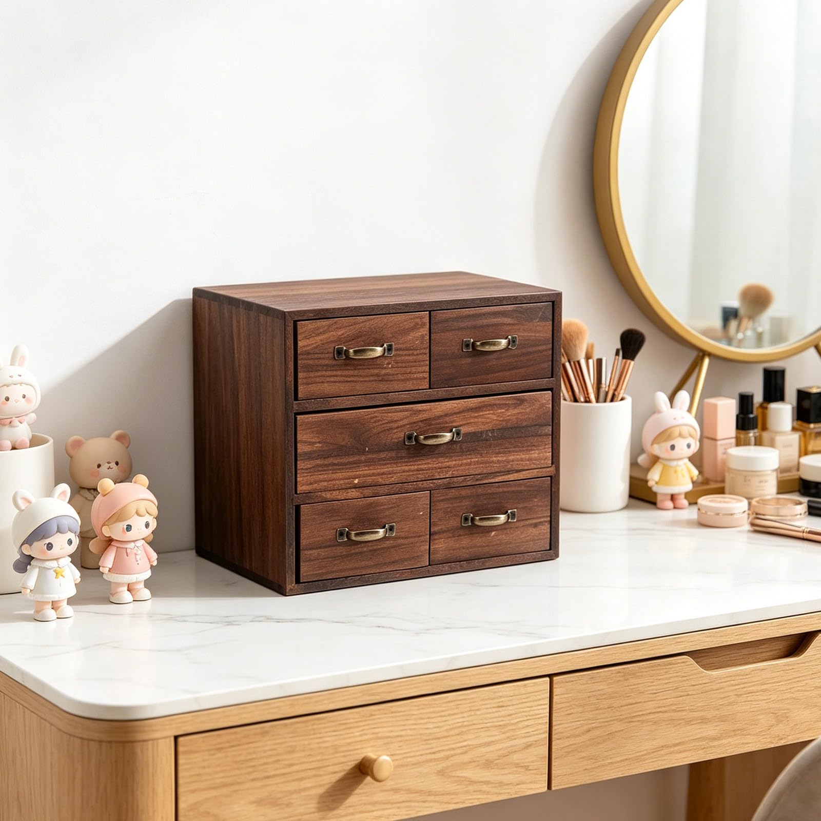 Organizer da Scrivania in Legno con 5 Cassetti Multilivello, Struttura Stabile e Design Naturale per Vanità e Camera