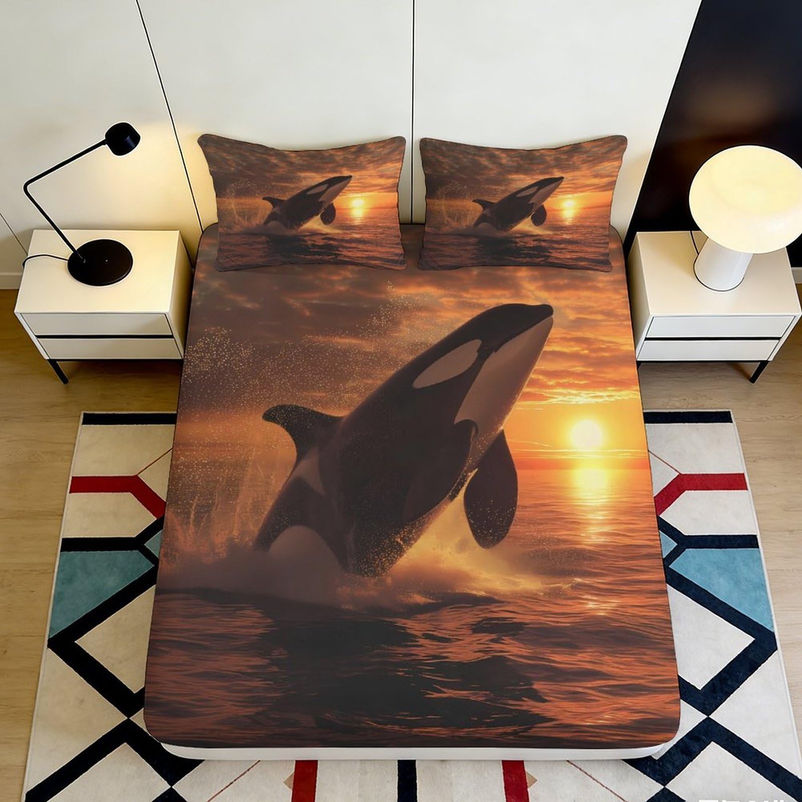 3D Printed Sunset Ocean Orca Fitted Sheet Microfiber Soft Slip-Resistant Whale Mattress Cover Bedroom Home Decor 90x200x25cm