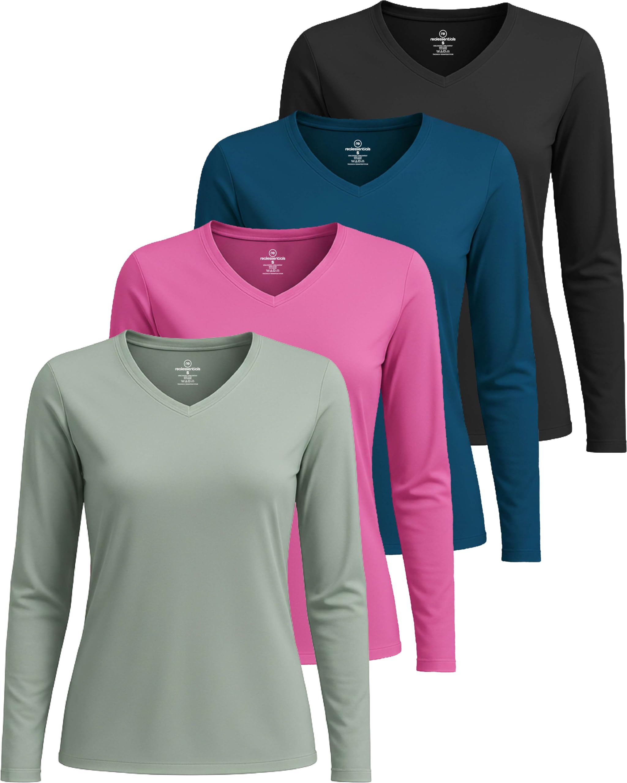 Real Essentials 4 Pack: Women's Long Sleeve Dry Fit V-Neck T-Shirt - Active Athletic Workout Gym Top (Plus Available)