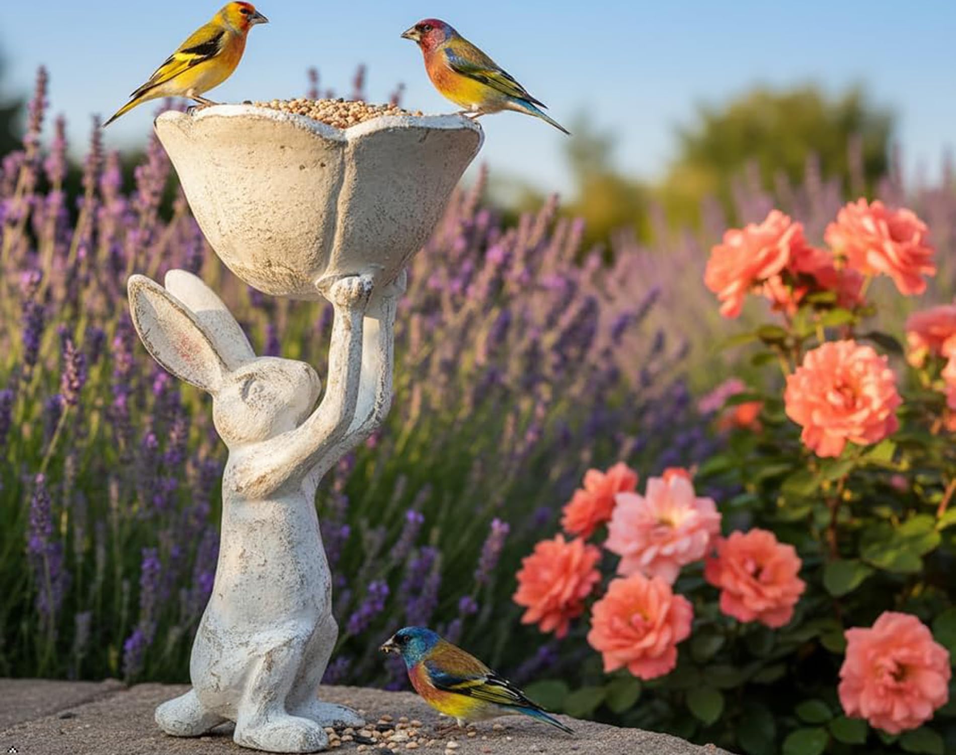 Amazon.co.jp: アンティークホワイト 鋳鉄ラビット 花鳥の餌やり付き