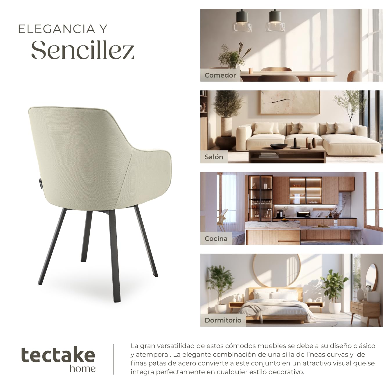 tectake® Silla Giratoria con Reposabrazos, Tapizada y con Acolchado de Alta Densidad, Patas de Acero 360°, Antideslizante, Montaje Rápido, Ideal para Comedor, Cocina y Dormitorio - 4 Sillas Beige