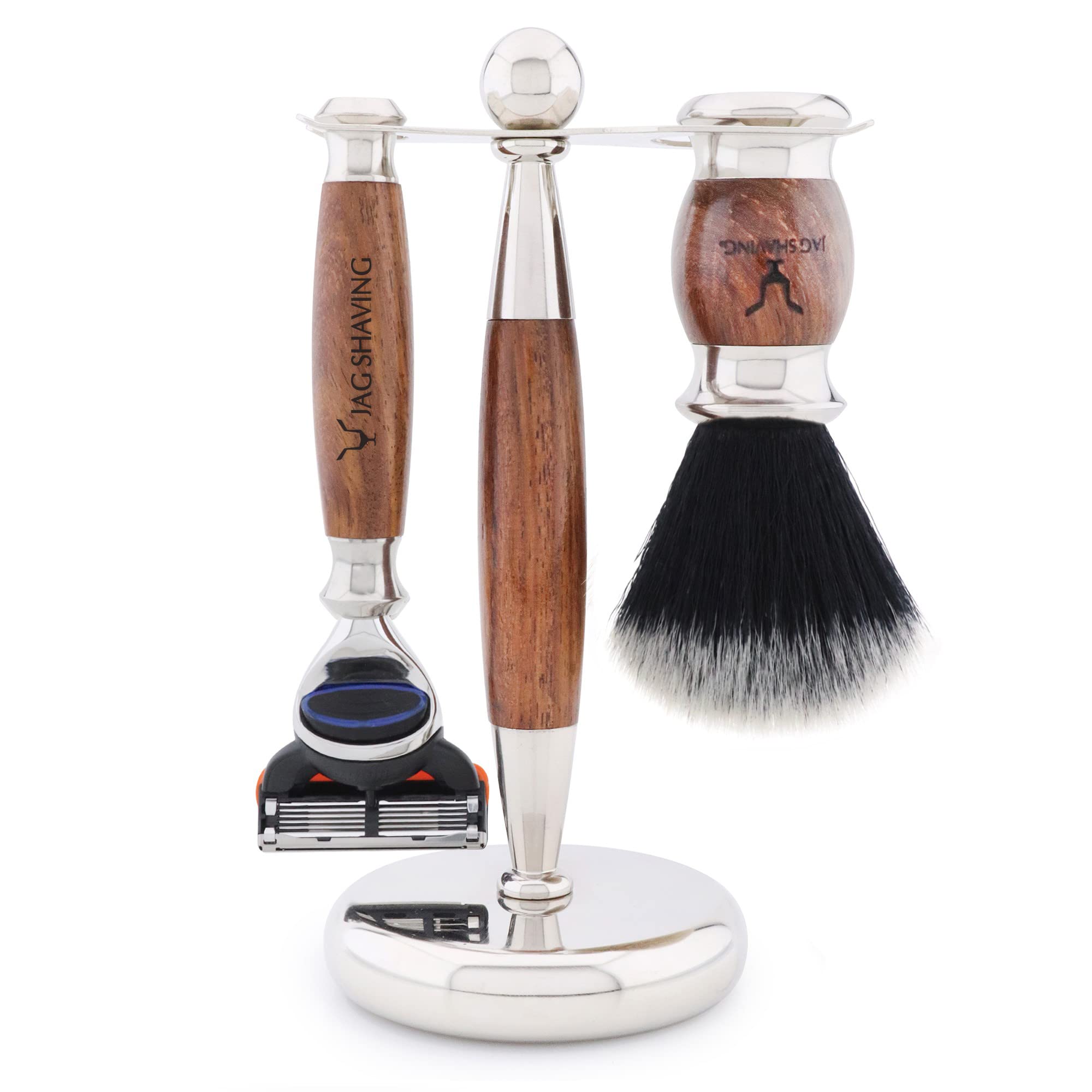 Jag Shaving Rasierset - JAG's LEE Range 4-teiliges Rasierset - Schwarz Synthetikhaar Weißspitz Rasierpinsel - 5 Rasierklingen Rasierständer aus Edelstahl und Holz - Rasierschale - Holz Set